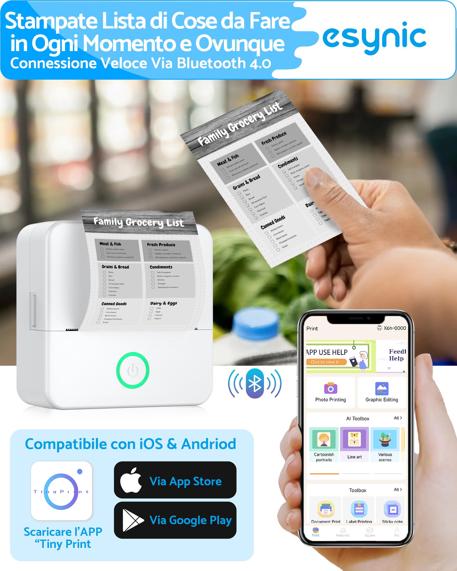 eSynic Stampante Termica Bluetooth Ricaricabile Portatile per Android iOS con 10 Rotoli Carta Termica - Bianco