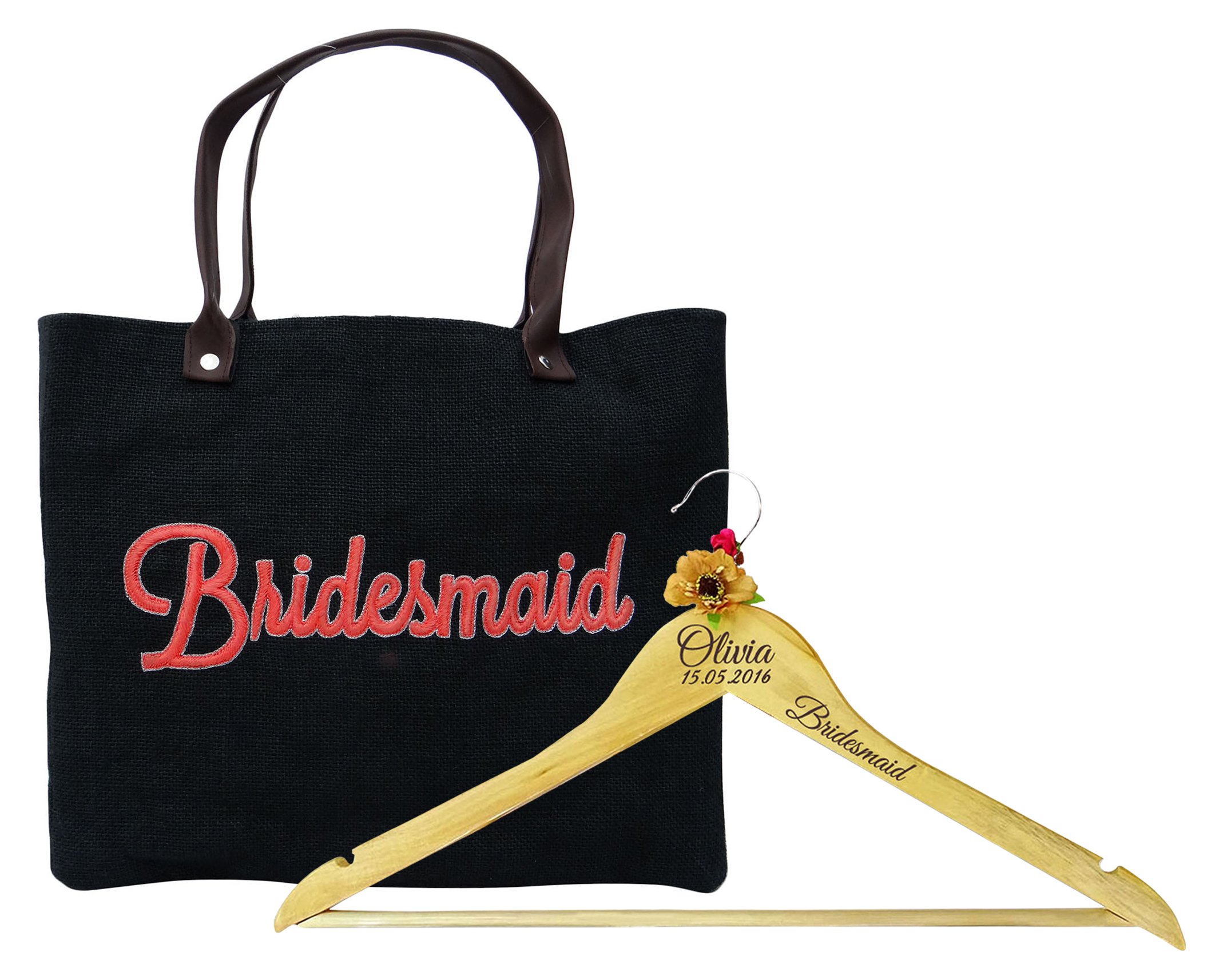 La Dama de Honor Bolsa de Yute con Personalizado Nombre Grabado Favor Percha de Madera de la Boda le agradece Regalo