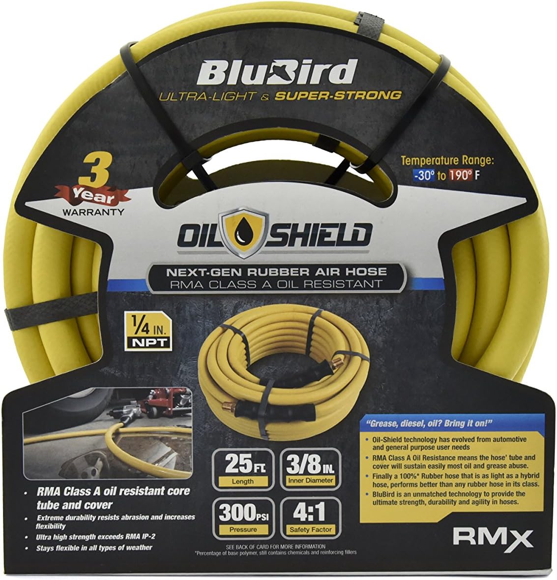 BLUBIRD Oil Shield - Lightest, Strongest, Most Flexible Class A Rubber Air Hose (3/8" x 25') - OS3825, Yellow