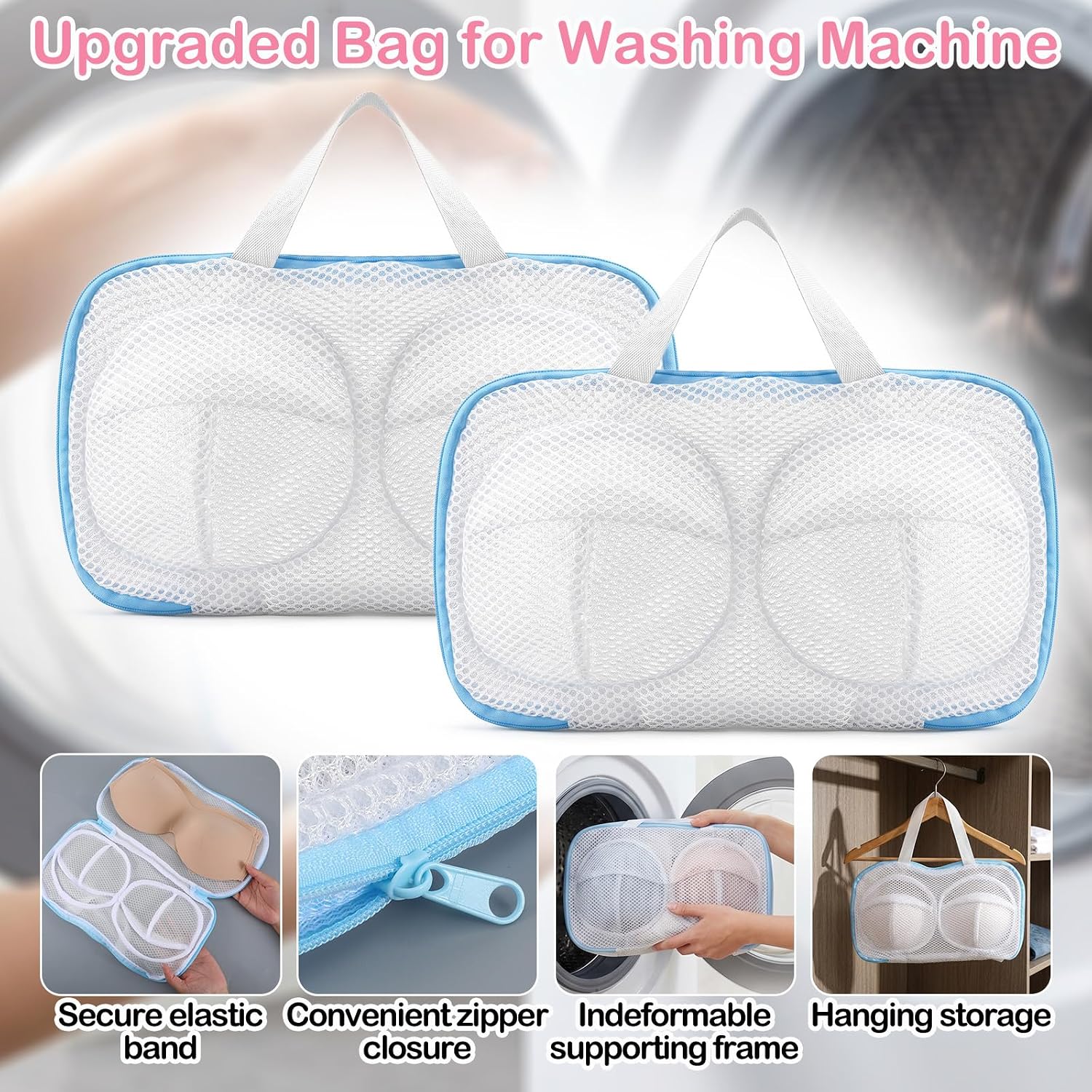 6-Pack Bra Wash Bags for Laundry, Underwear Brassiere Bag Set with Zipper, Blue Trim Polyester Mesh Lingerie Protector for Washing Machine, Fits A-C Cups