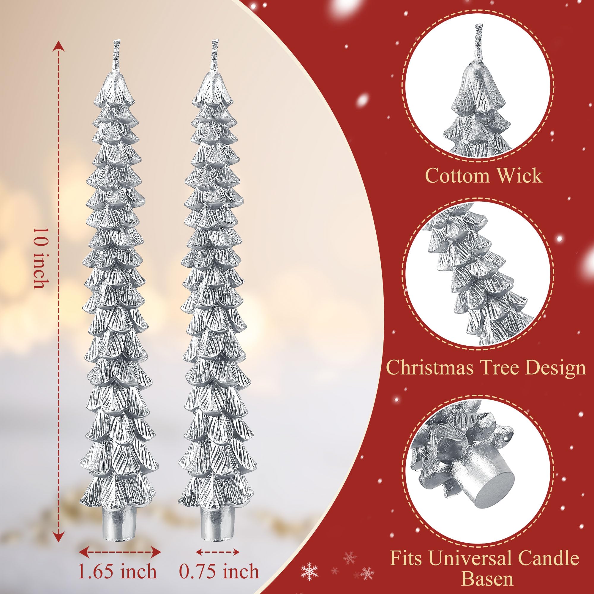Ceoighe 4 Pcs 10 Inch Christmas Tree Candles, Natural Beeswax Christmas Tree Shaped Candles for Xmas Decor, Unscented Christmas Tree Taper Candles for Holiday Decoration, Party, Banquet (Silver)