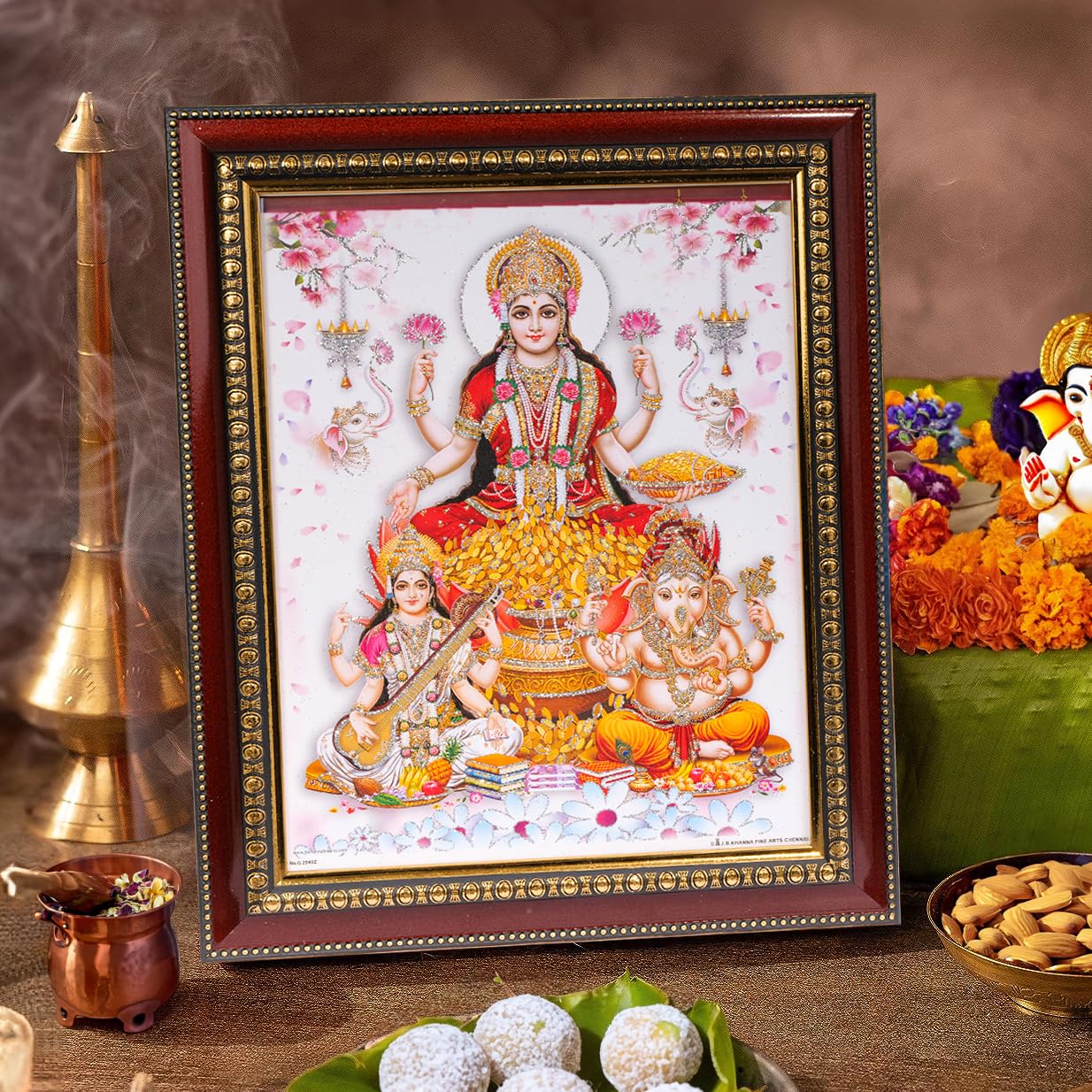 Maa Lakshmi, Ganesha and Saraswati Framed Photo/Reprint Wall Poster/Art - Ideal for Home, Office, Pooja Ghar and Temple Decor, Hindu God Home Decor 14 Inches X 11 Inches