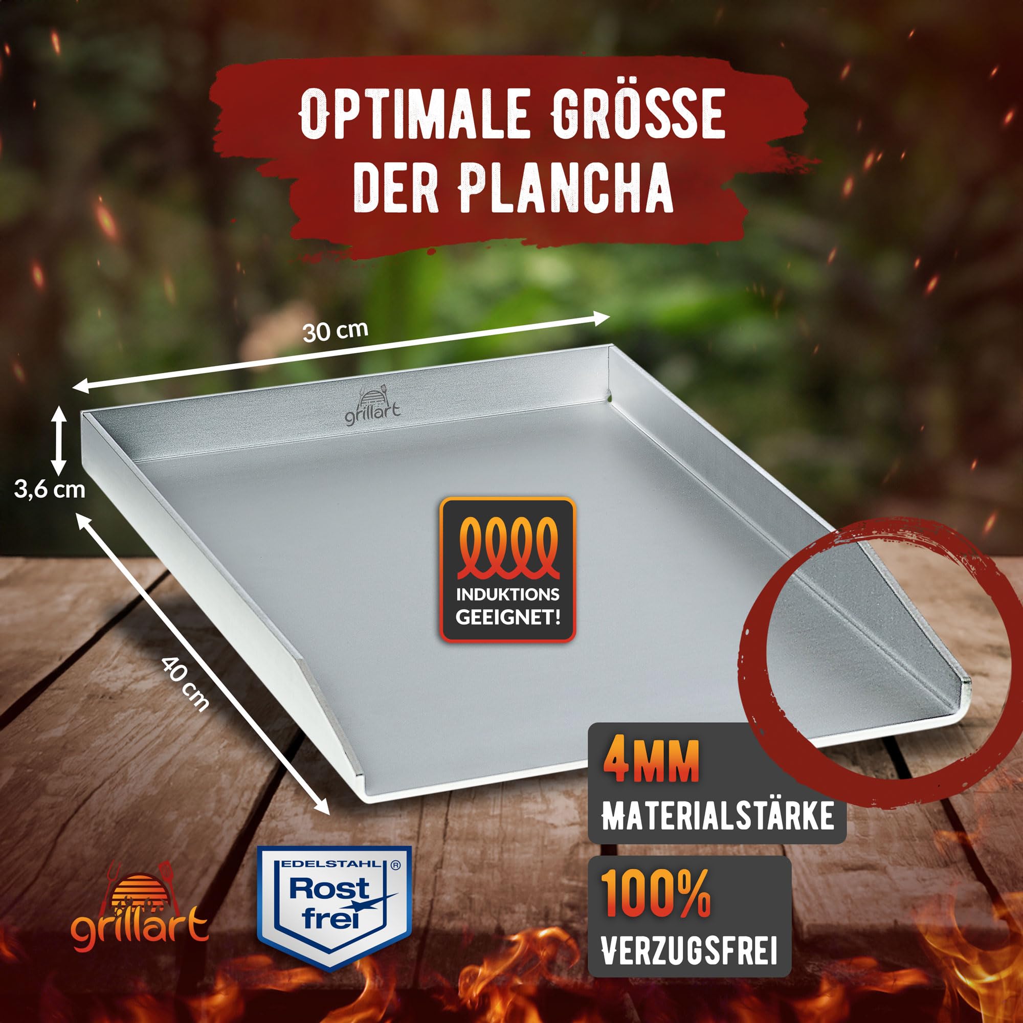 grillart® Premium Plancha Grillplatte mit Grillspachtel aus massiven 4mm Edelstahl – 30x40cm Universalgröße auch Induktion geeignet – Spülmaschinenfest und rostfrei