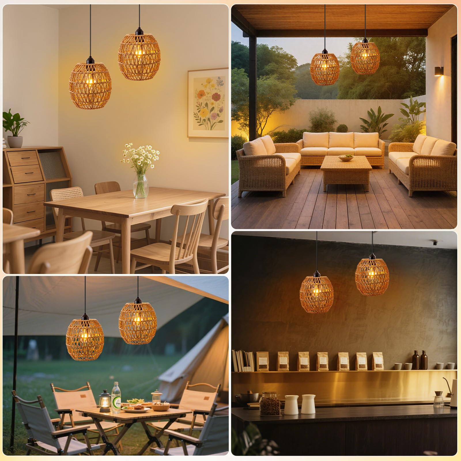 Hängelampe Rattan, 2 Stück Vintage Pendelleuchte Akku, Lampenschirm Hängelampe Boho Ohne Strom, E27 Outdoor Hängend Lampe für Patio Bar Garten Terrasse Wohnzimmer Schlafzimmer