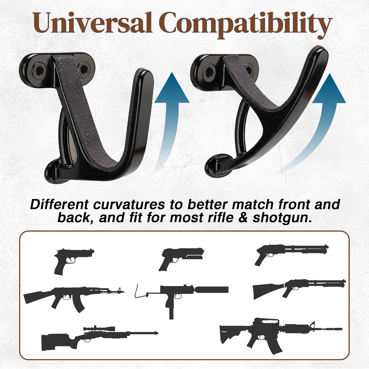 Gun Rack Wall Mount Horizontal Gun Display Wall Mount, Heavy Duty Gun Hooks for Rifle/Shotgun/Pistol Storage, Gun Hanger with Felt Padding, Black, 2 Pair