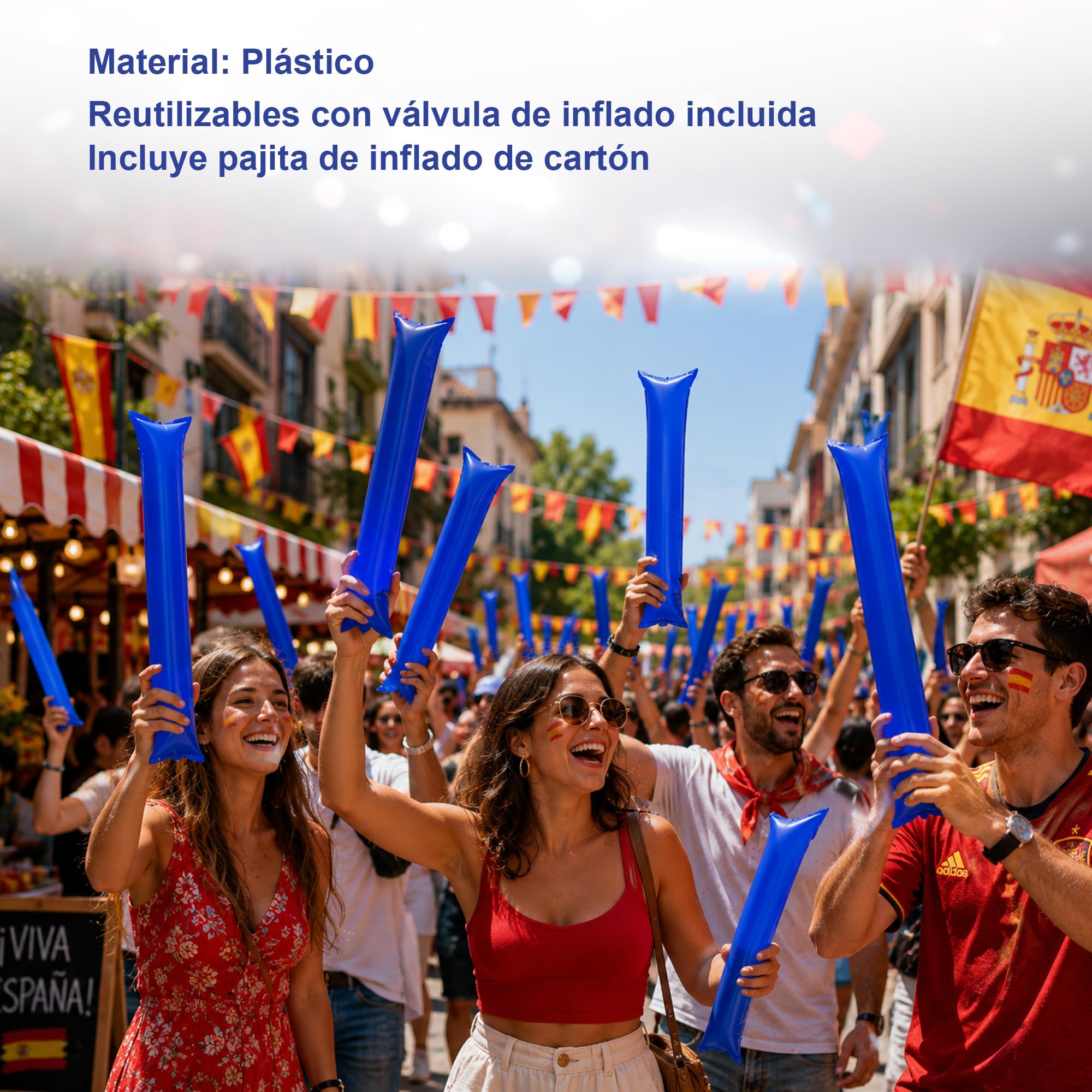 Pack 50 Unidades, Aplaudidor Hinchable Azul, Palos Animación Eventos, Plástico Resistente, Reutilizable, Válvula y Pajita Incluida, Ideal para Deportes, Conciertos y Fiestas, Tamaño 59x9CM
