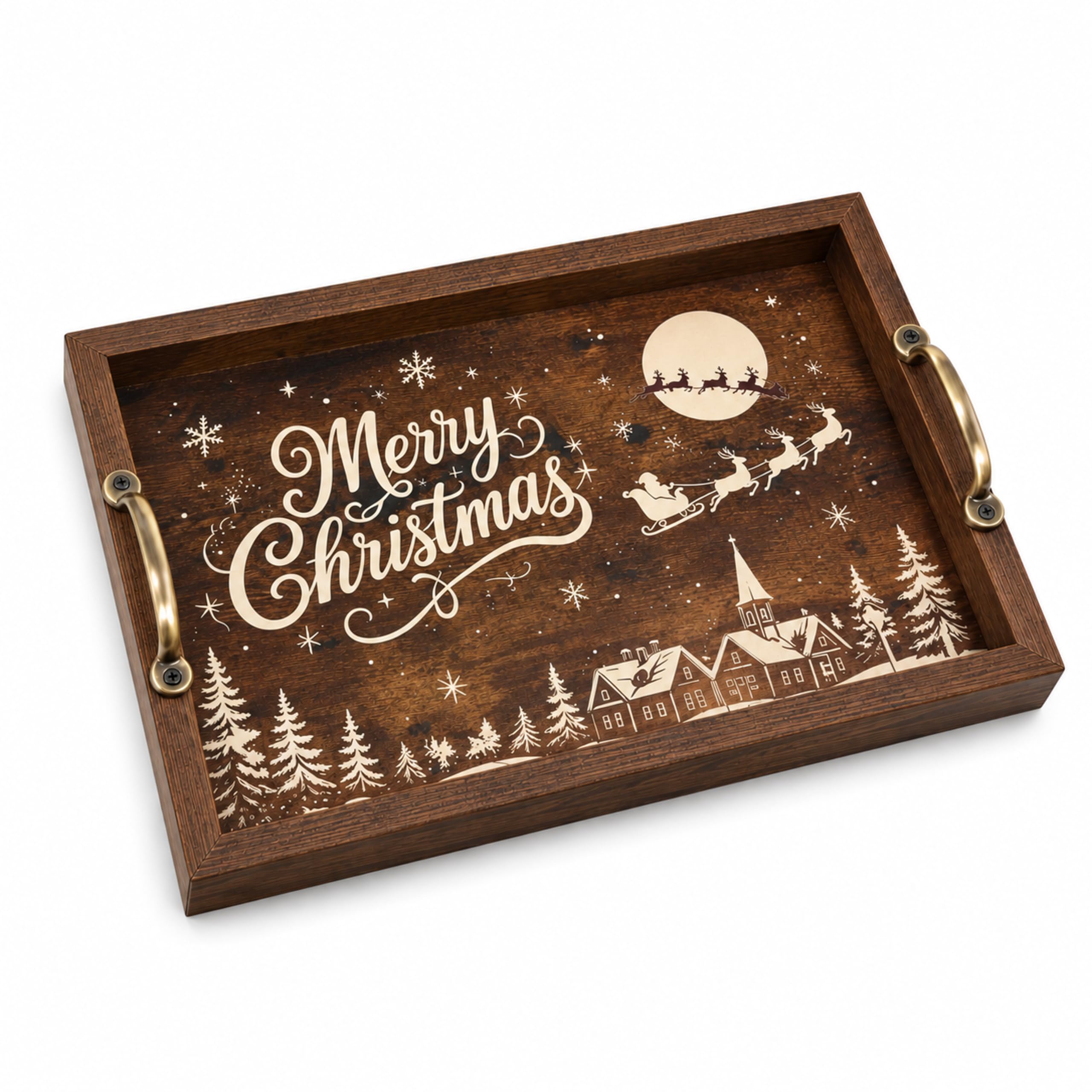 Large Wooden Serving Tray with Handles, Decorative Food Tray with Christmas Santa and Reindeer Print, Rustic Brown Rectangular Coffee Table Tray, Festive Decor for Tea and Breakfast