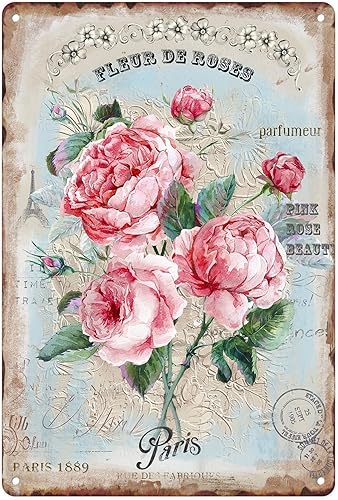 Sanwarm Letrero de metal de 8 x 12 pulgadas, diseño de rosa floral rosa vintage, decoración de pared para el hogar, sala de estar, cocina, jardín,