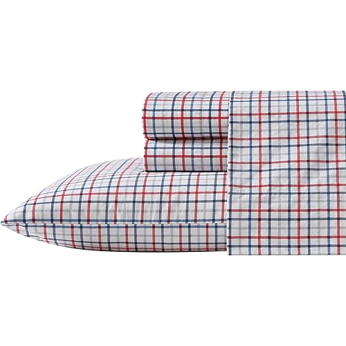 Nautica - Queen Sheet Set, Cotton Percale Bedding Set, Crisp & Cool, Lightweight & Breathable (Boating Tattersall Red, Queen)