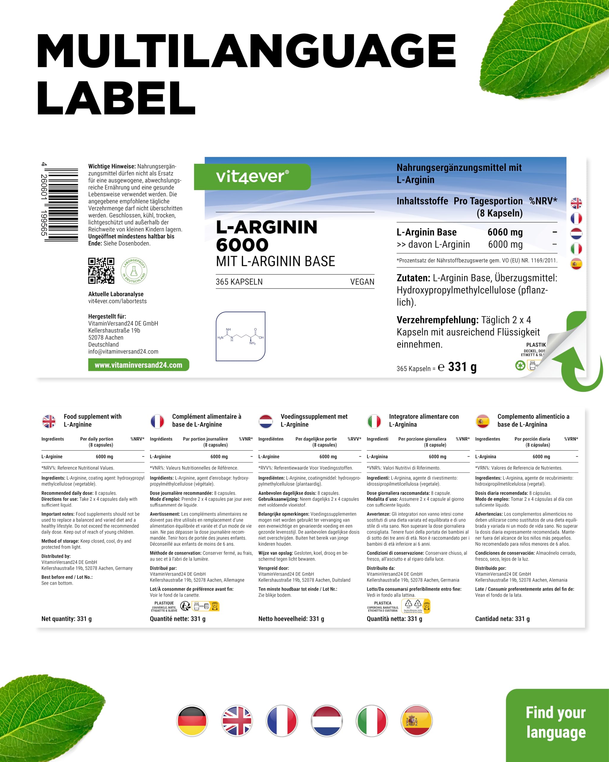 vit4ever L-Arginin - 365 Kapseln - 6000 mg reines L-Arginin pro Tagesdosis - Hergestellt durch pflanzliche Fermentation - Hochdosiert, ohne unnötige Zusätze, vegan