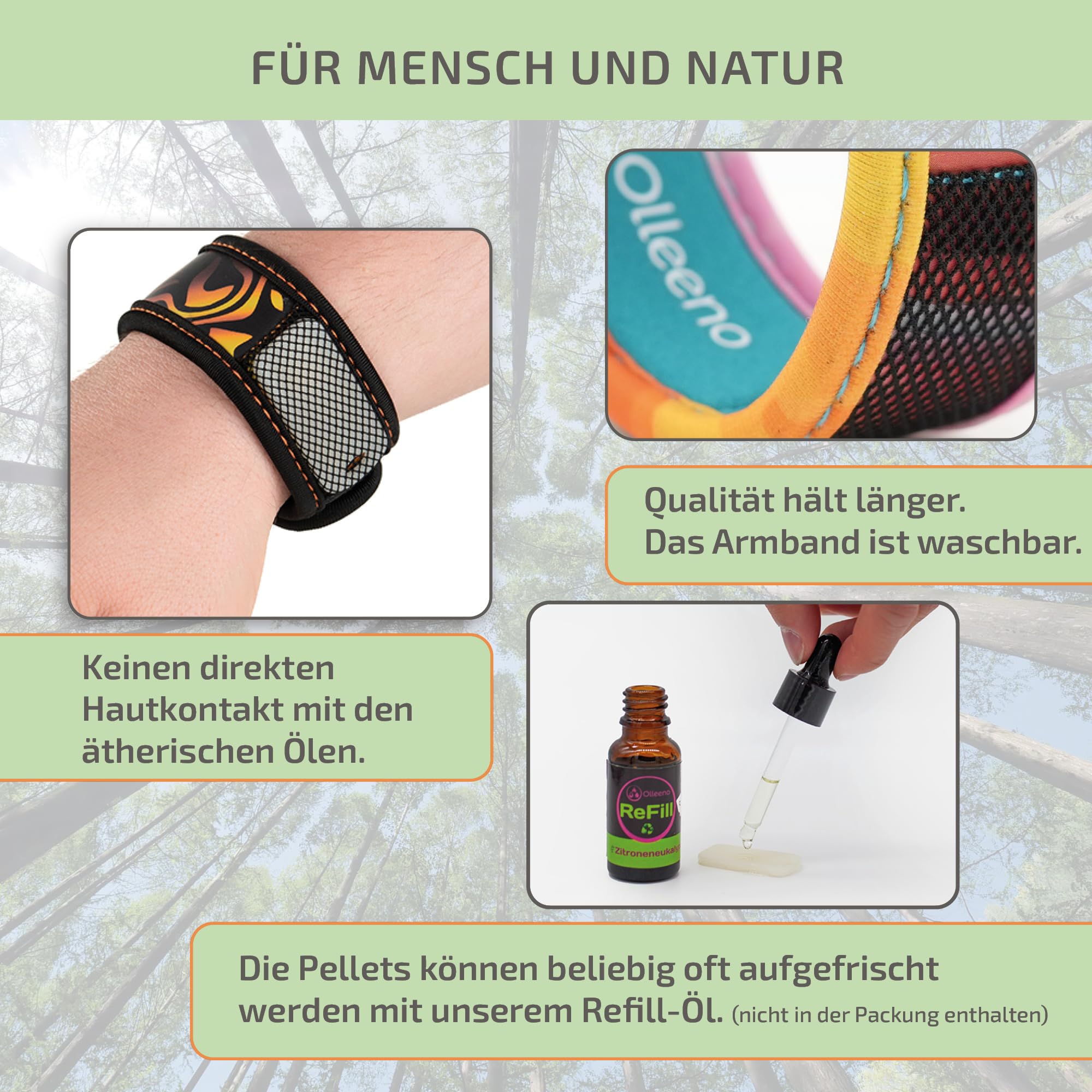 Olleeno® Mückenschutz Armband Moskito Insektenschutz Armbänder für Outdoor Camping Wandern Sport Anti Mückenarmband Neopren mit verstellbarem Klettverschluß (3 Stück + 6 Nachfüll-Pellets)