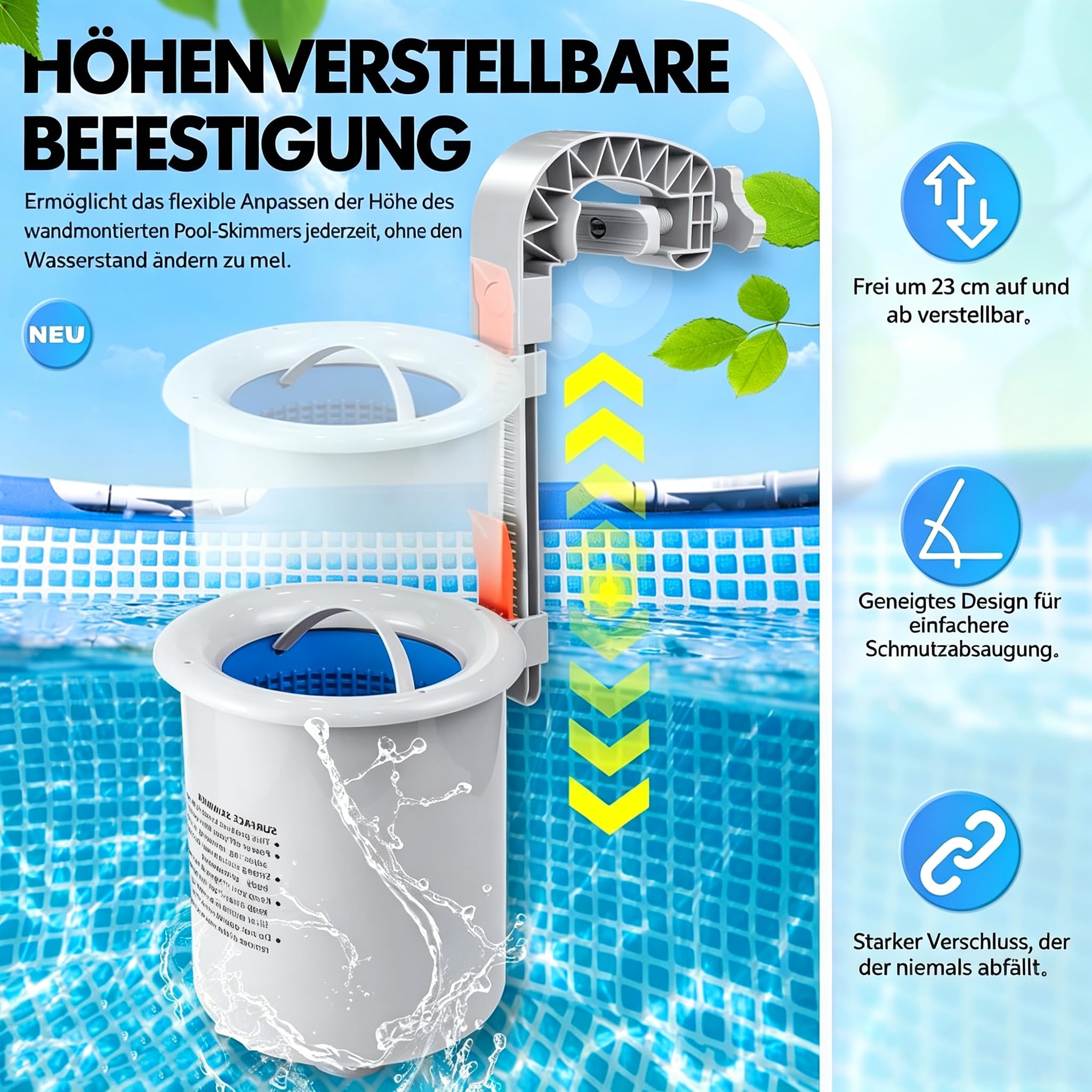 Skimmer per piscina, altezza regolabile, diametro 18 cm, con cestello filtrante rimovibile, per piscine fuori terra e piscine gonfiabili con anello d'aria