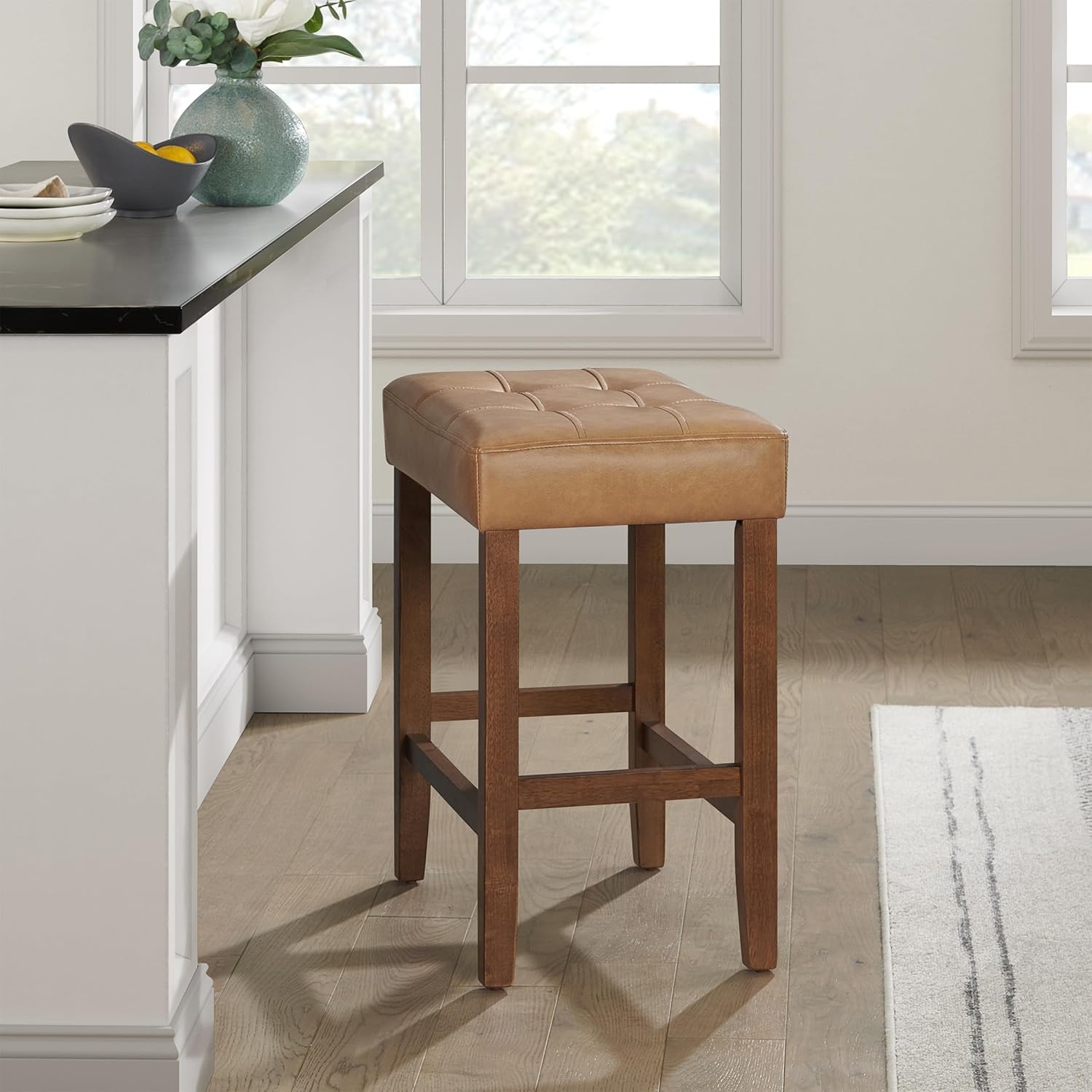 Alaterre Furniture Madison 25-Inch Bar Stool with Faux Leather Seat - Counter Height Stool for Kitchen Island or Bar - Backless Barstools (Cognac/Walnut) Cognac and Walnut Counter Height Stool