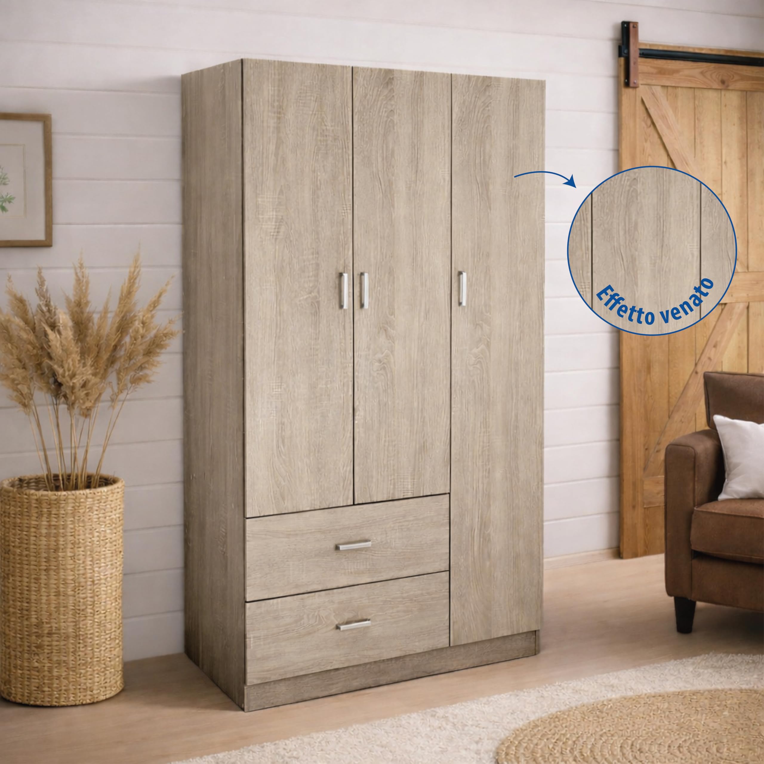 Armadio Guardaroba - 3 Ante, 2 Cassetti, Ripiani, Appendiabiti Alto, Maniglie, Struttura in Legno Truciolare, Spazioso, Salvaspazio, Cabina Armadio Grande - 120 x 52 x 190 cm (Rovere)