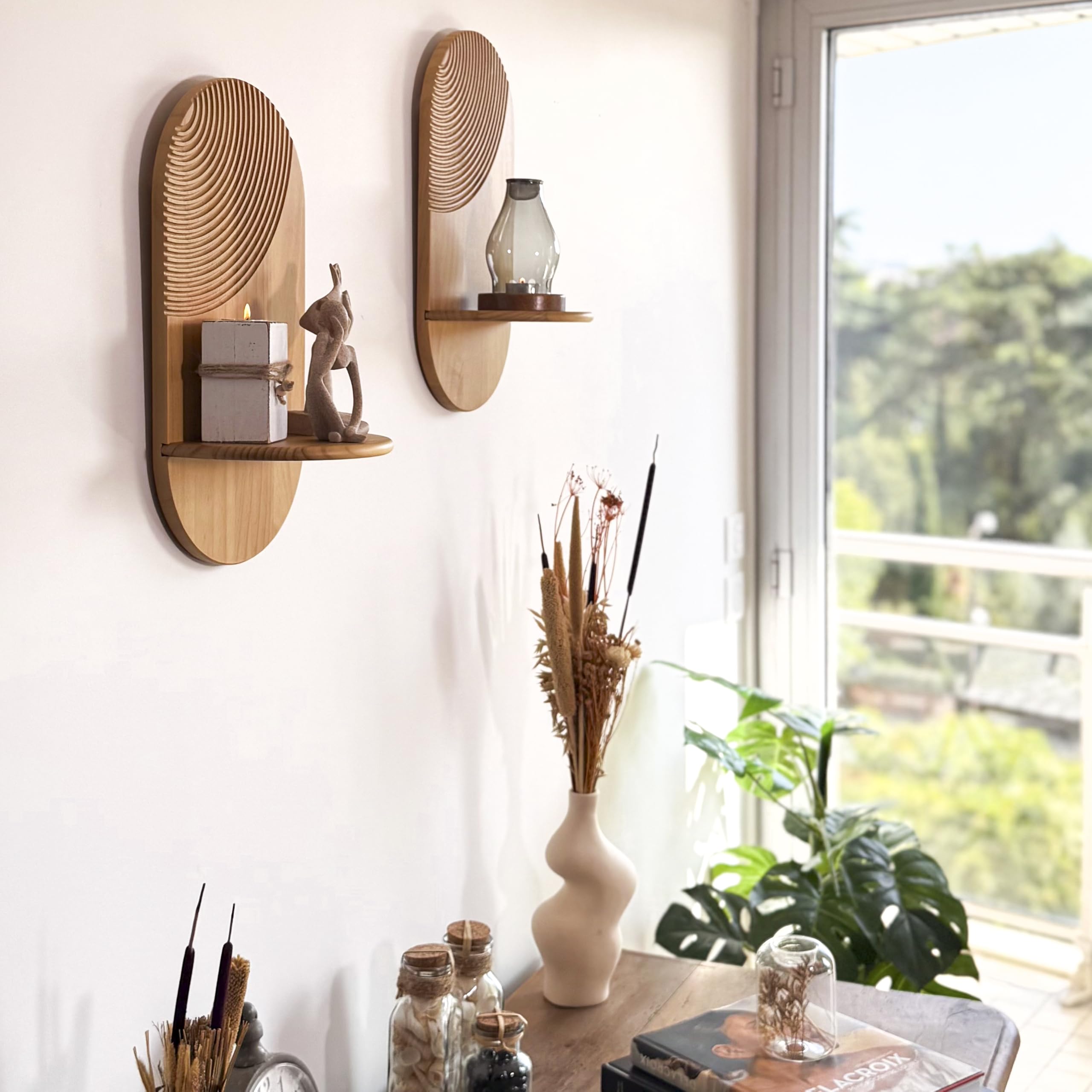 2er Boho Wandregal aus Holz – dekoratives Deko Regal ohne Bohren, Shabby Design, hängend für Pflanzen, Wohnzimmer, Schlafzimmer, Eingang oder Büro – dekorativ & praktisch