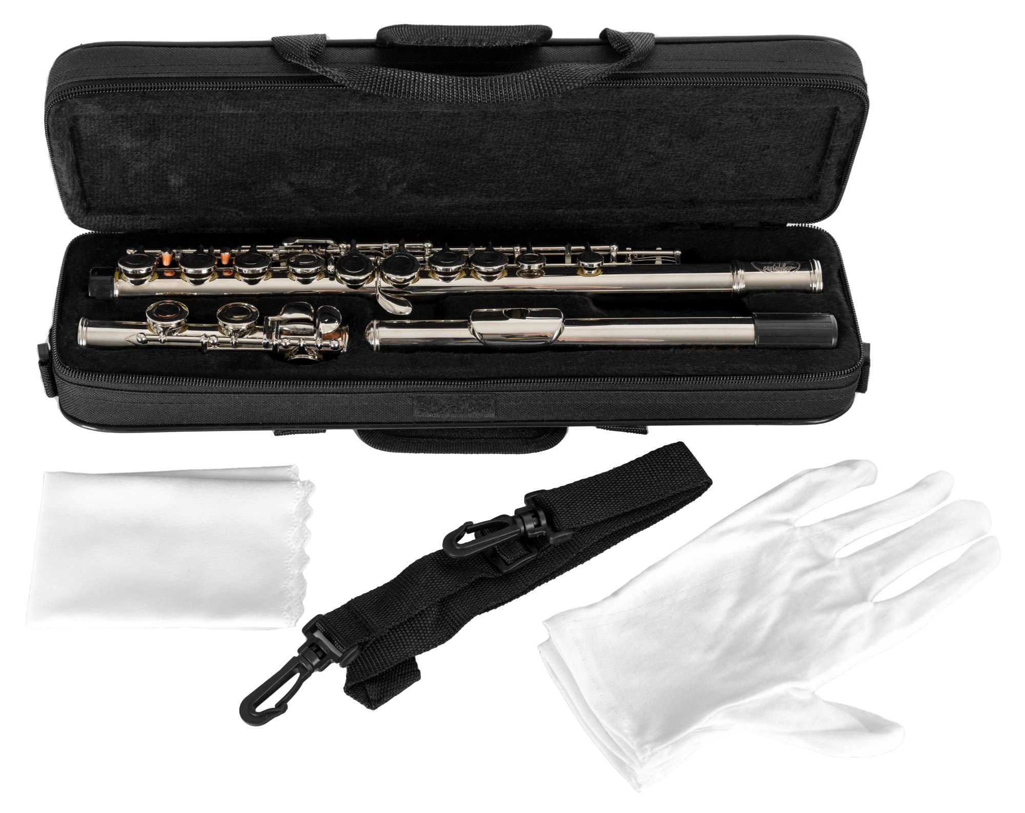 Classic Cantabile FL-100 Querflöte (Tolles Einsteigerinstrument, komplett aus vernickeltem Neusilber, geschlossene Klappen, E-Mechanik, vorgezogenes G, C-Stimmung, inkl. Etui, Zubehör) Silbern