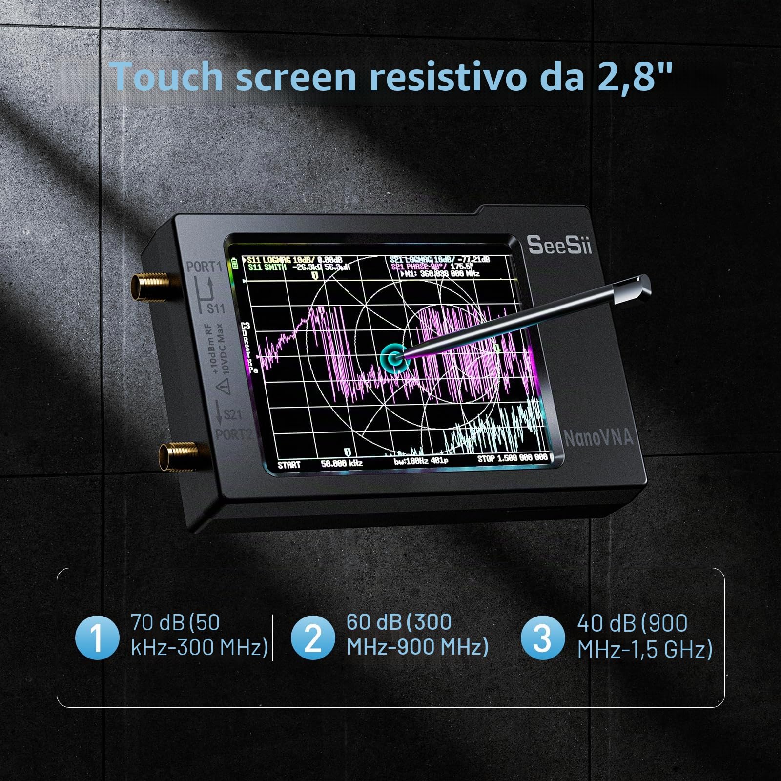 Seesii NanoVNA-H Analizzatore di Rete Vettoriale V3,7 10KHz-1,5GHz MF/HF/VHF/UHF Parametri S SWR Grafica Smith