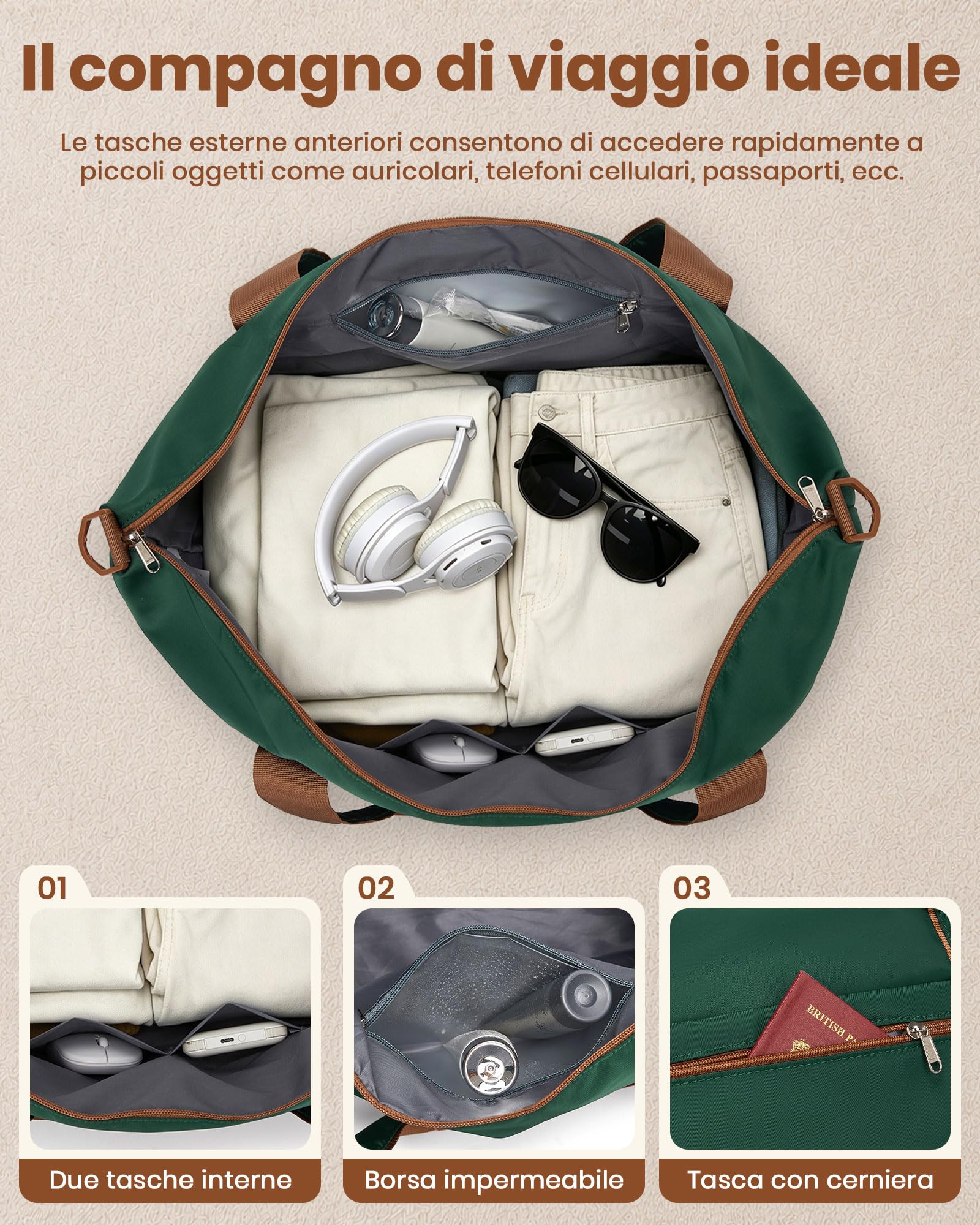 KONO Set da Viaggio 3 Pezzi, Trolley 55 cm e 2 Borse, Verde/Marrone | Valigia Bagaglio a Mano in ABS+PC, Borsa da Viaggio da 32 L, Borsa Organizer, Ruote a 360° e TSA