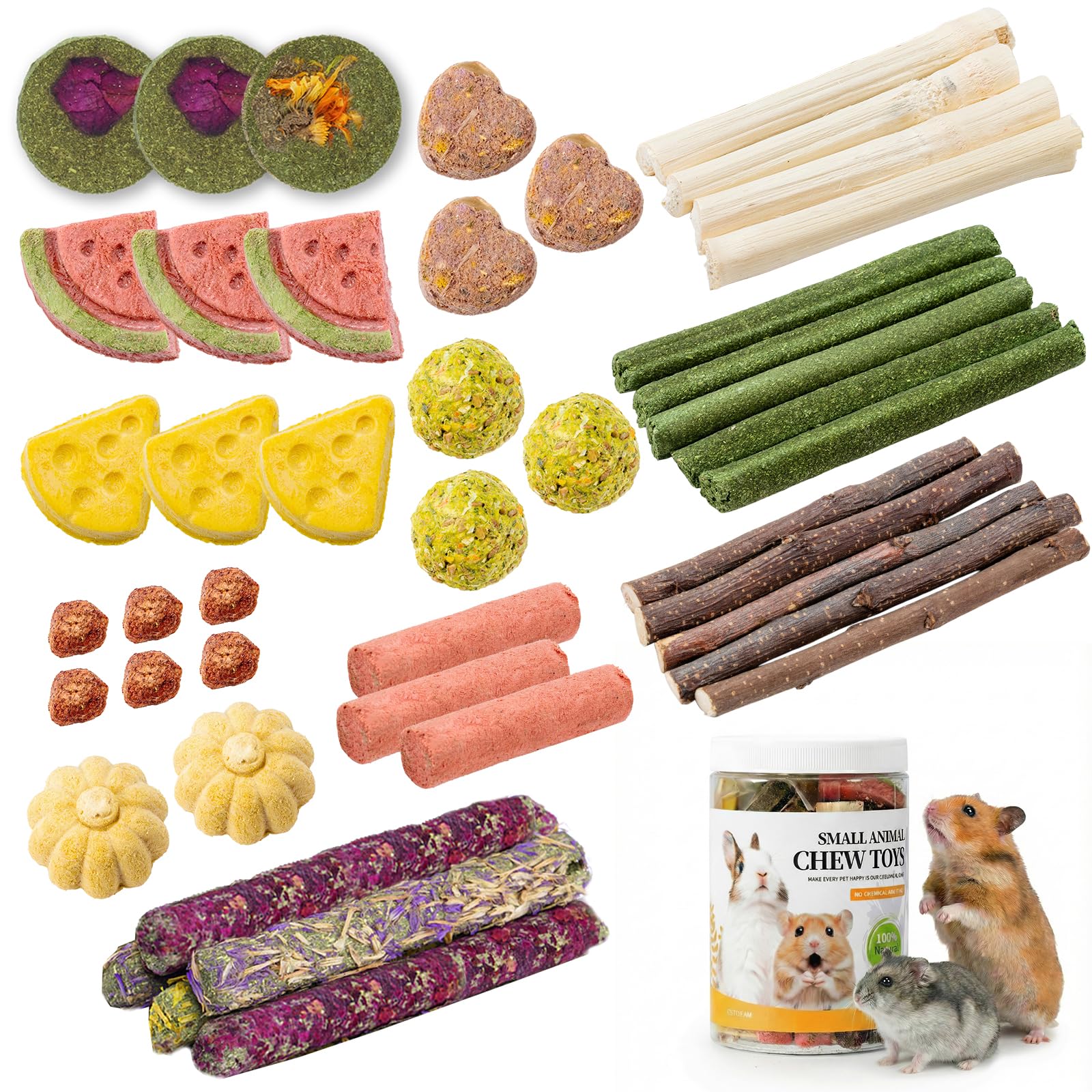 45 PCS Hamster Chew Toys, Natural Boredom Relief and Teeth Trimming Toys to Prevent Dental Overgrowth and Relieve Stress, for Syrian Dwarf Hamsters, Fancy Rats, Mice, Gerbils, Omnivorous Pocket Pets