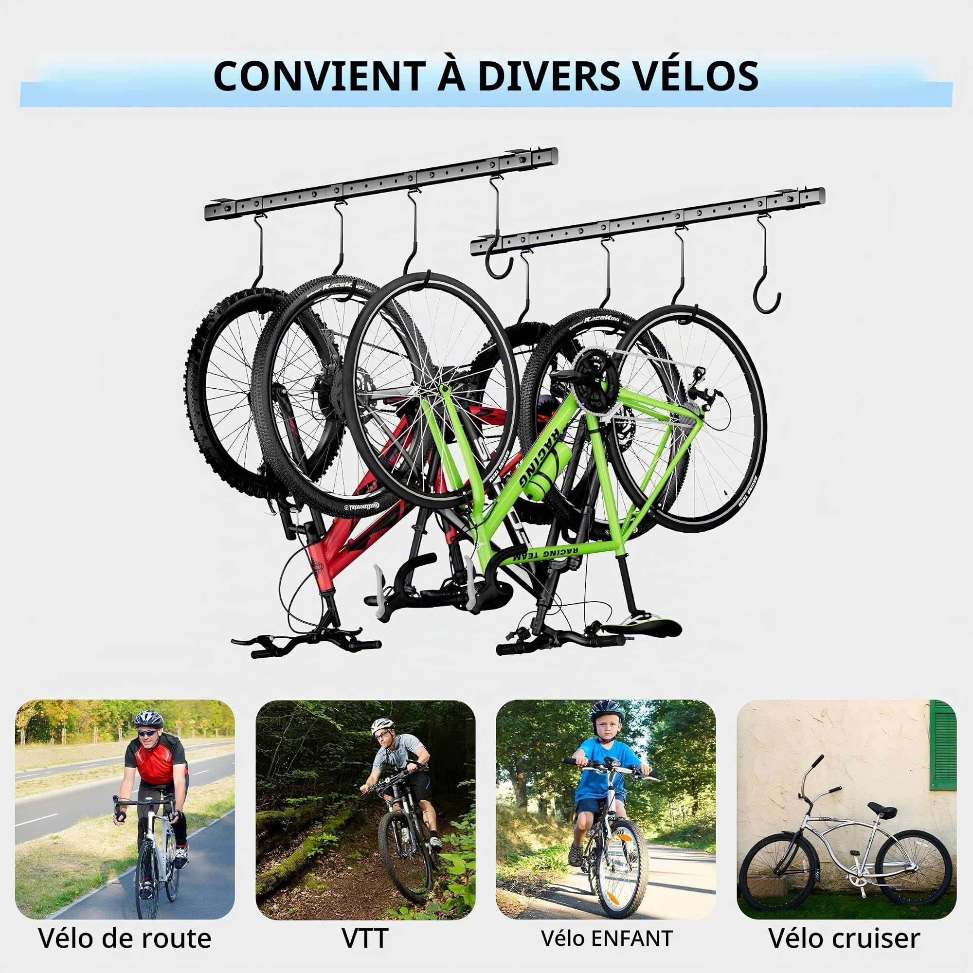 Urban Deco Support de vélo monté au plafond pour garage, système de cintres de vélo avec 8 crochets de plafond réglables, peut contenir 4 à 8 vélos, solutions de rangement de vélos de garage pour