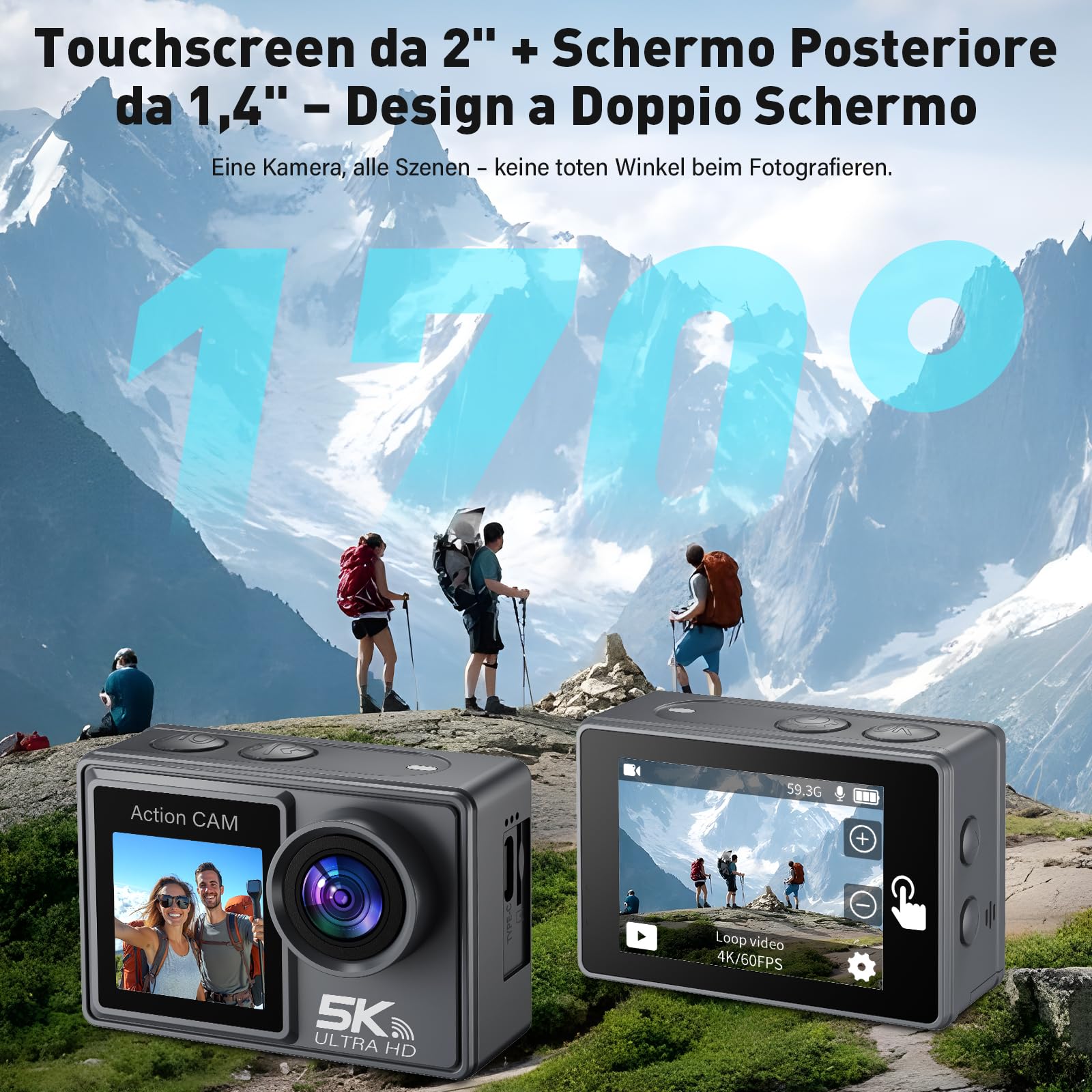 Action Cam 5K/4K 50MP Fotocamera Subacquea con scheda SD da 64 GB, Dual Screen Videocamera con Stabilizzatore EIS, WiFi, 2 Batterie, Grandangolo 170° per Immersioni, Vlog, telecamera moto