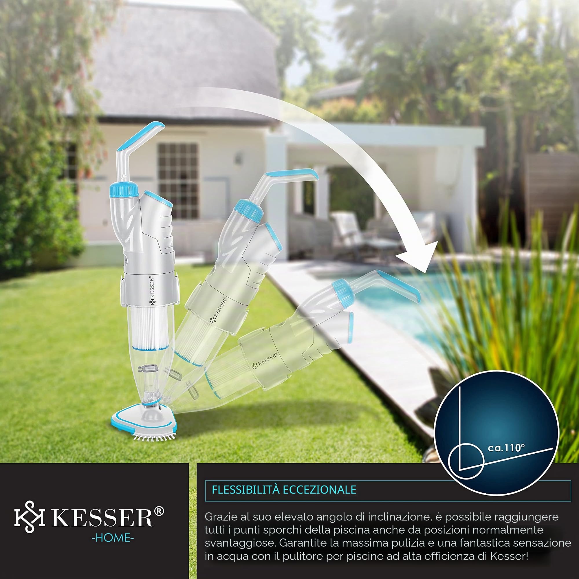 KESSER® Vacuum Cleaner per Piscina con Batteria Ricaricabile + Copertura | Vacuum Cleaner Elettrico per Piscina Manuale | con Filtro e Sistema a 2 velocità |Senza Cavi 15 m³, Fino a 15 m³,