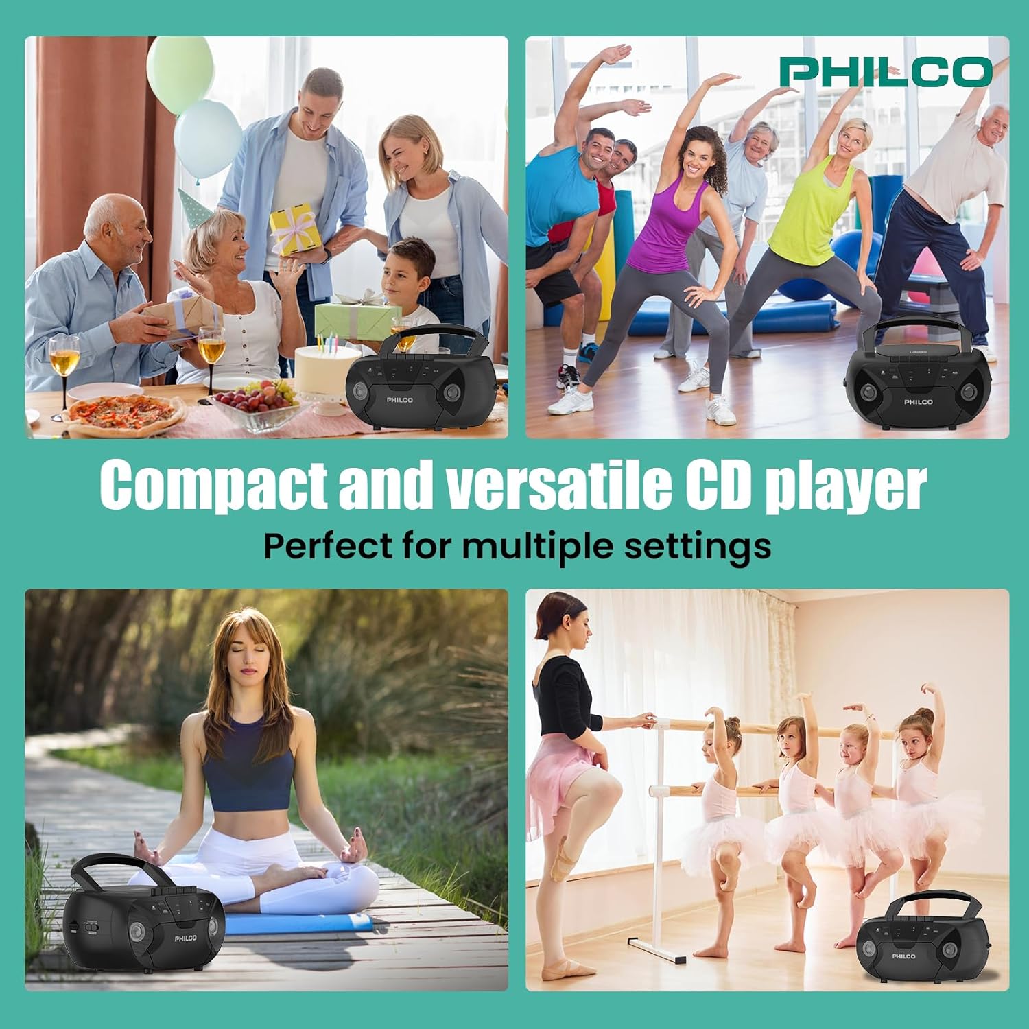 Philco Boombox with a CD being inserted into the top-loading CD compartment.