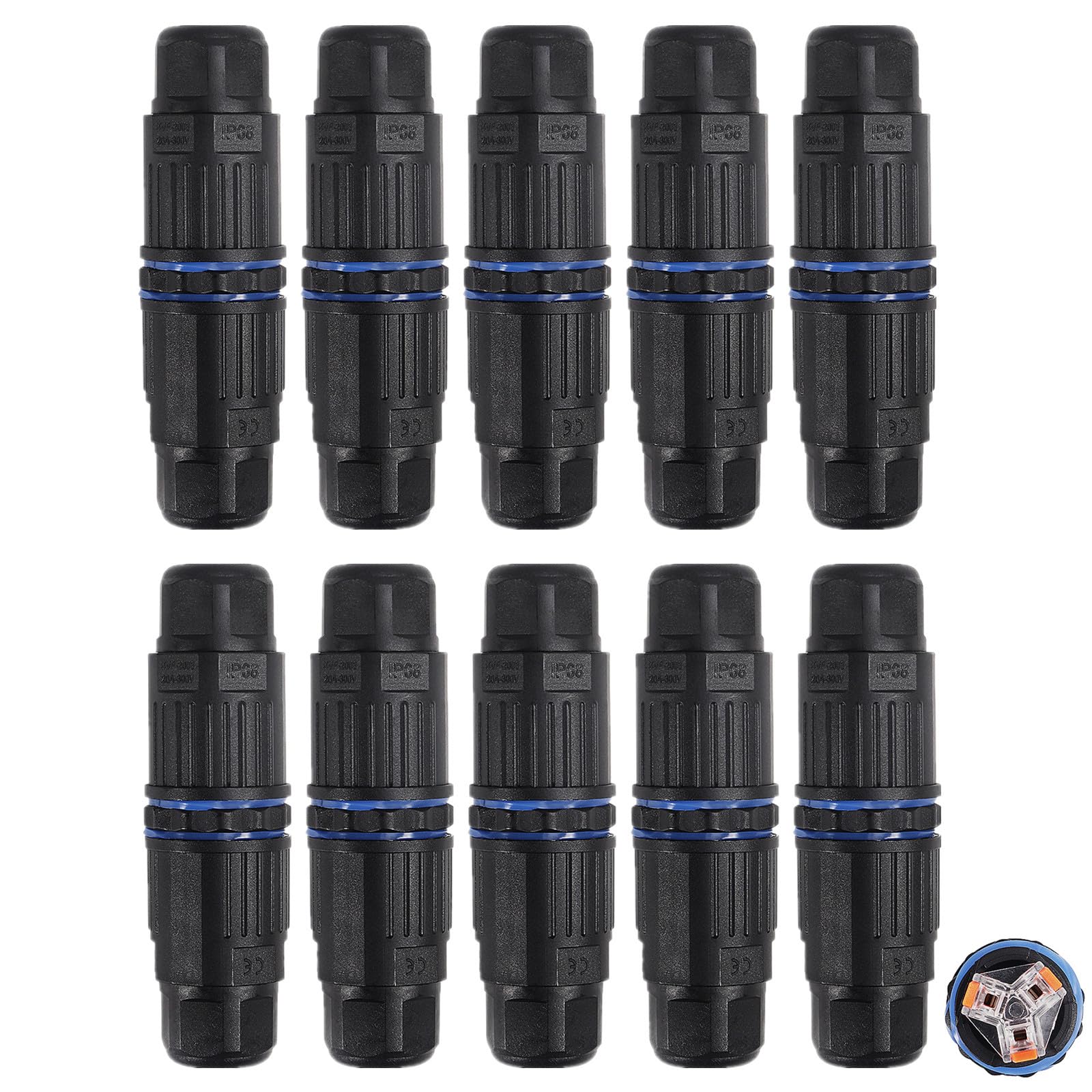 10PCS IP68 Waterproof Electrical Cable Connector, Outdoor Waterproof Wire Connectors 3 Pin, Junction Box for 3.5-10mm Wire Range(AC 250V, 16A), Quick Screwless Installation