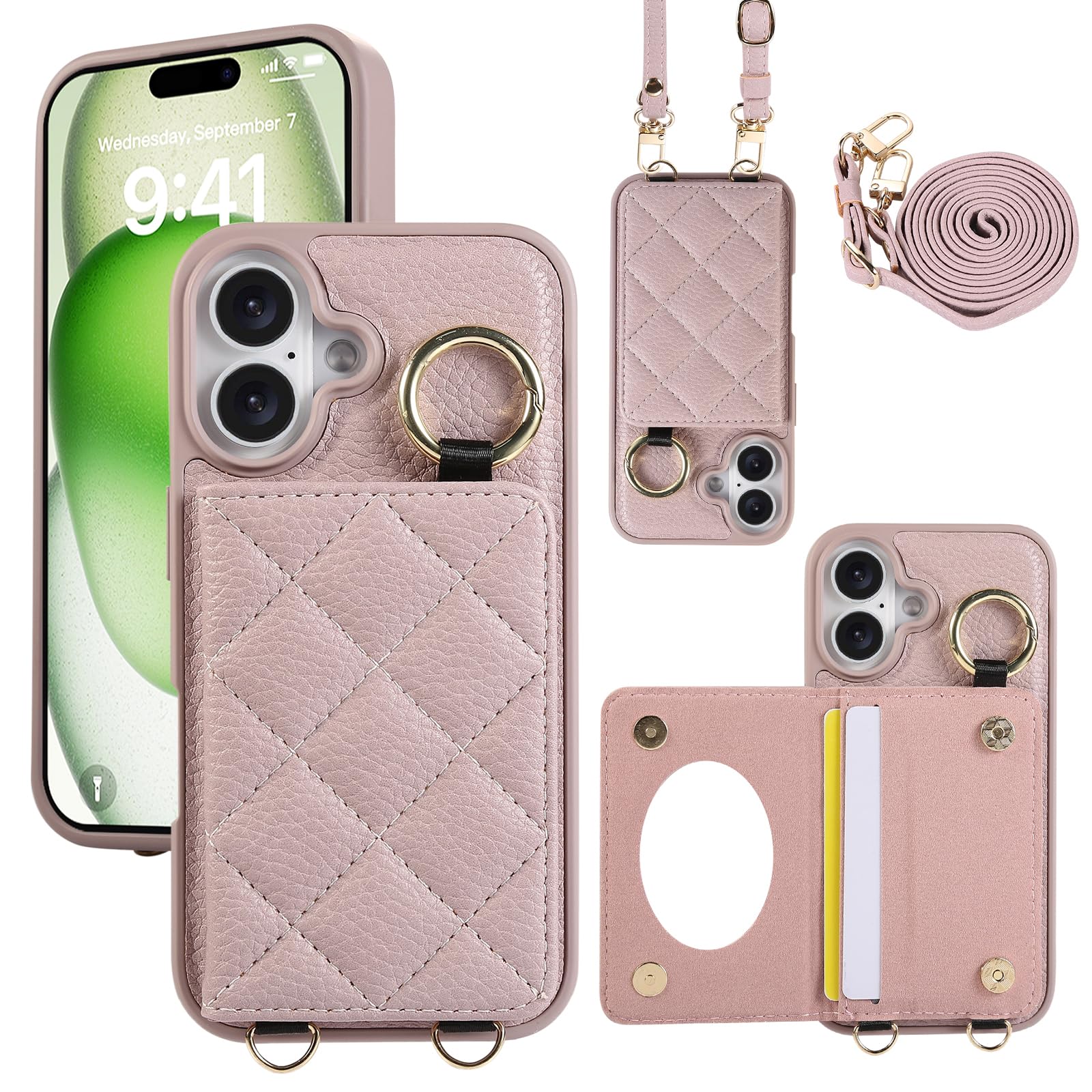 Succtopy ケース 向けの iphone 17 ケース 手帳型 ショルダー スマホケース iphone17 手帳型 鏡付き 肩がけ 首掛け 斜め掛け ストラップ着脱可 iphone17ケース 財布付き リング付き アイフォン17 ケース ストラップ 長さ調整可能 マグネット内臓式 背面カード収納 可愛いチェック柄 カバー(6.3インチ)ライラック