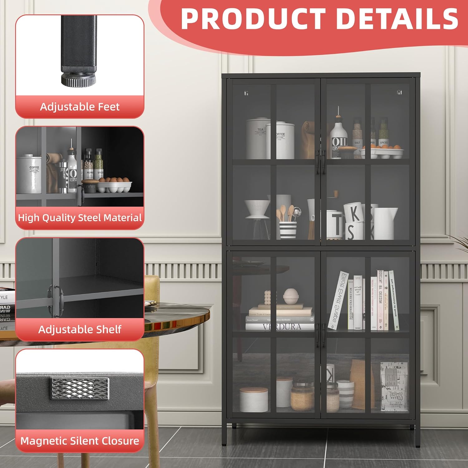 Buffet Sideboard Metal Storage Cabinet with 4 Glass Doors and Adjustable Shelves Black Liquor Cabinet Displacy Cabinets for Bed Room,Living Room,Entryway,Hallway,Home,Office,Garage,Kitchen