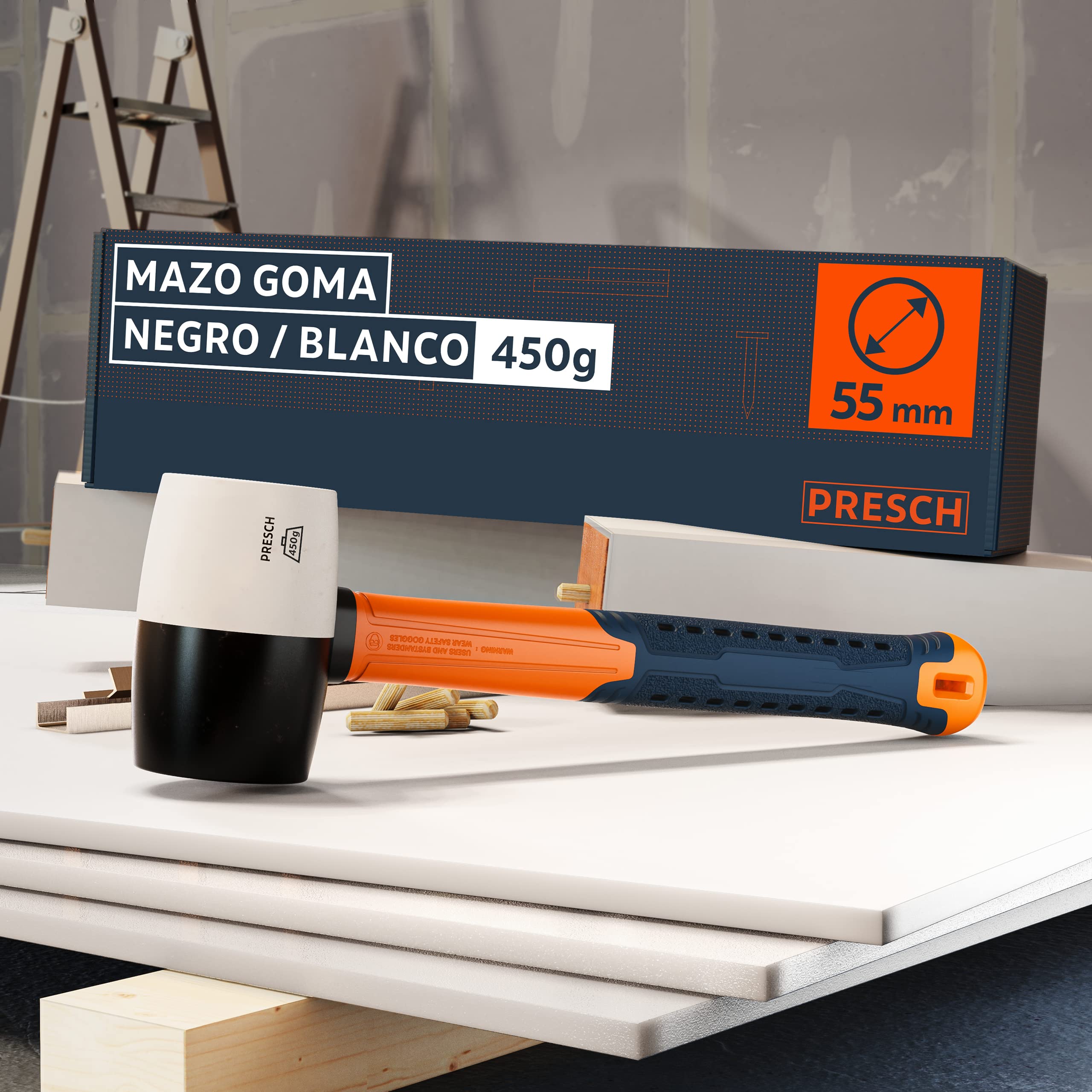 Presch Mazo de goma negro/blanco 450g - Martillo de goma dura con mango de fibra de vidrio | ⌀=55mm - Mazo de caucho polivalente para muchos usos