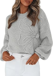 Womens Sweaters 2025 Fall Fashion Long Sleeve Crewneck Floral Knit Pullo...