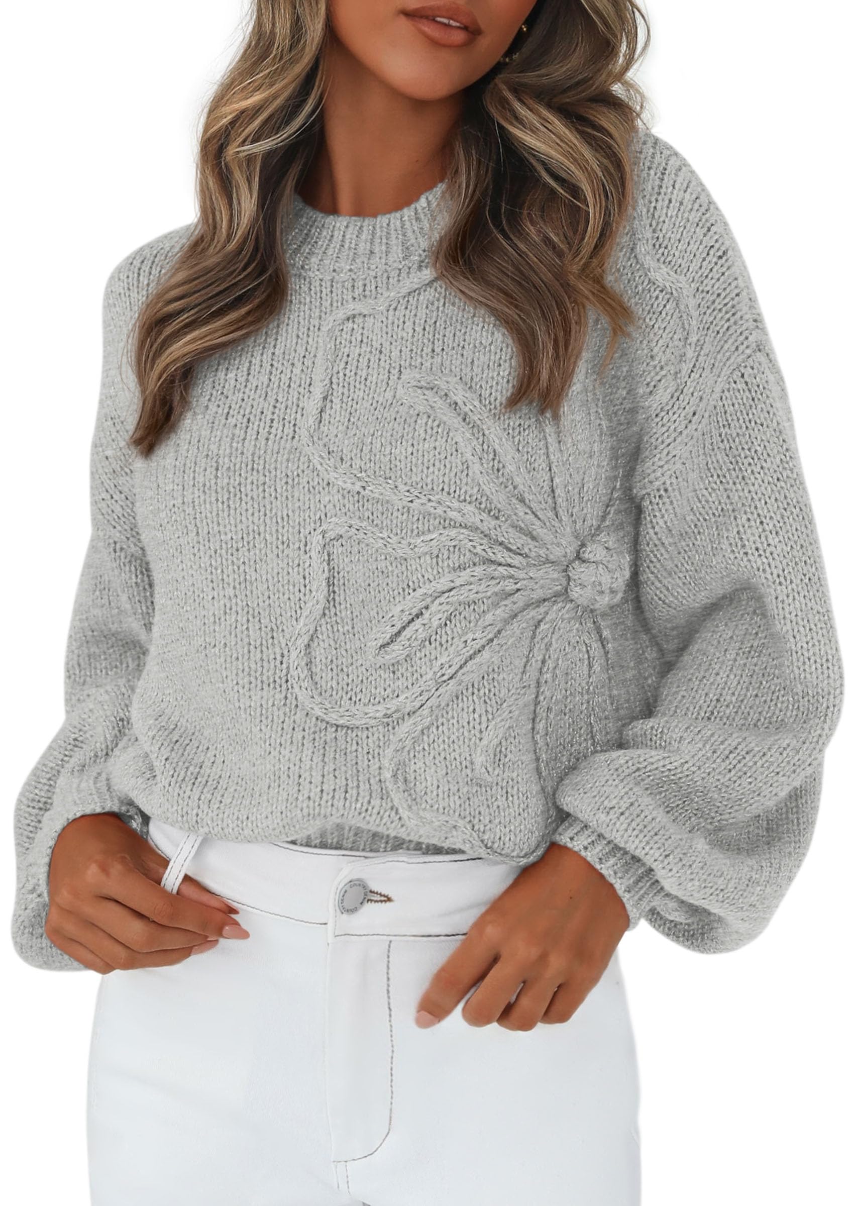 PRETTYGARDEN Womens Sweaters 2026 Fall Fashion Long Sleeve Crewneck Floral Knit Pullover Sweater Tops Winter Clothes