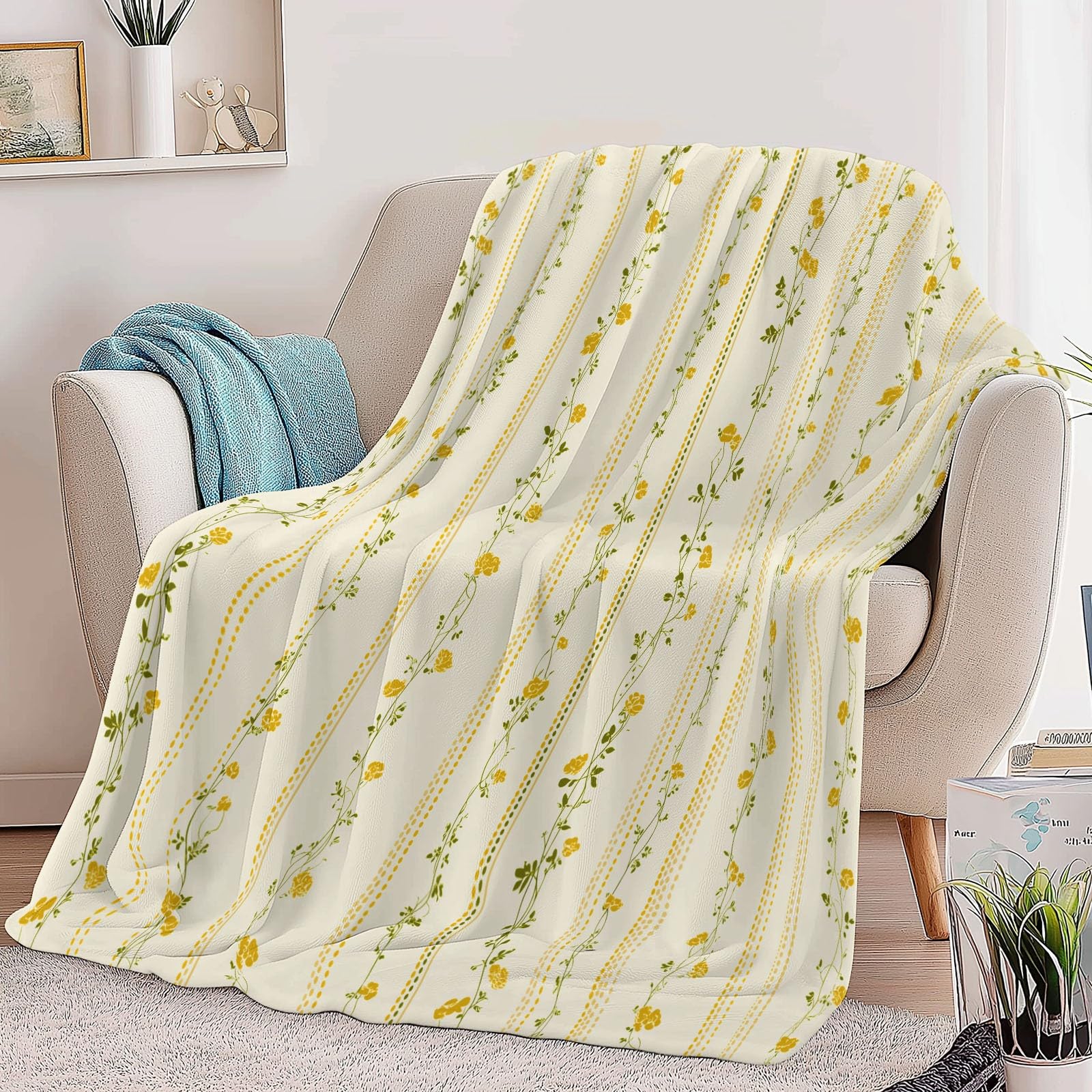Coperta Plaid Pile in Flanella 180x220 cm Coperta Pile Piccola Linee Floreali Retrò Disegnate A Mano, Morbida Soffice Calda Coperte per Divano Singolo Matrimoniale Letto Beige