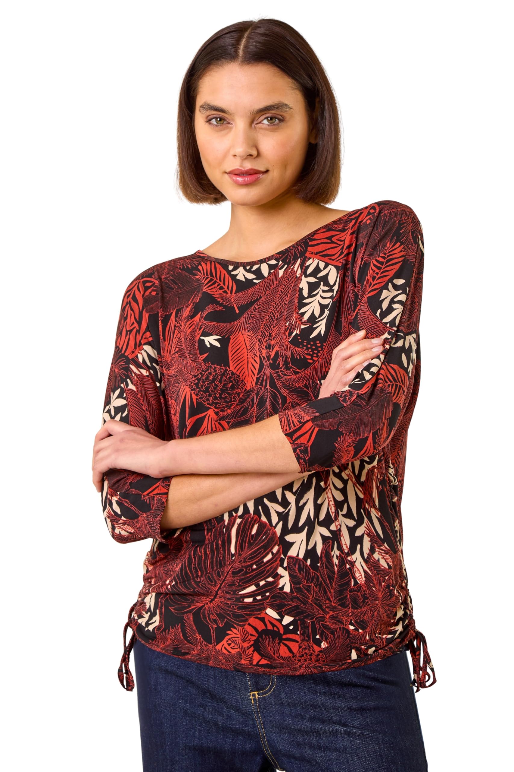 Roman Originals Women's Orange Leaf Print Side Tie Stretch Top For Uk - Everyday Autumn Winter Round Neckline Comfy Soft Evening Vacation Work Party Night Out - Size 20