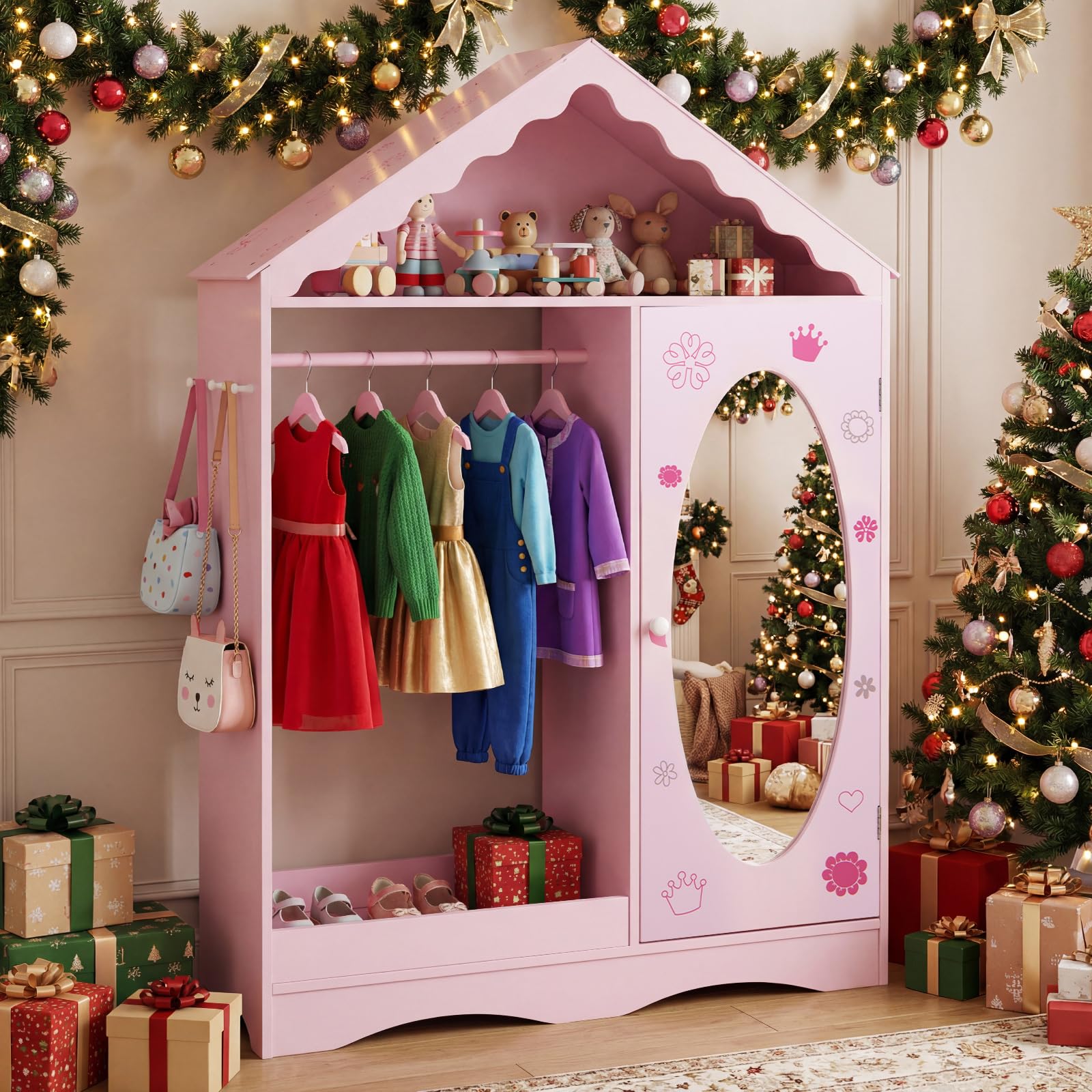 FANTASK Kinder Kleiderschrank Hausform, Kindergarderobe mit Spiegel, Kleiderstange, Regalen & Haken, Kinderzimmer Kleiderschrank für Mädchen & Jungen ab 3 Jahren, Kleiderständer Kinderzimmer (Rosa)