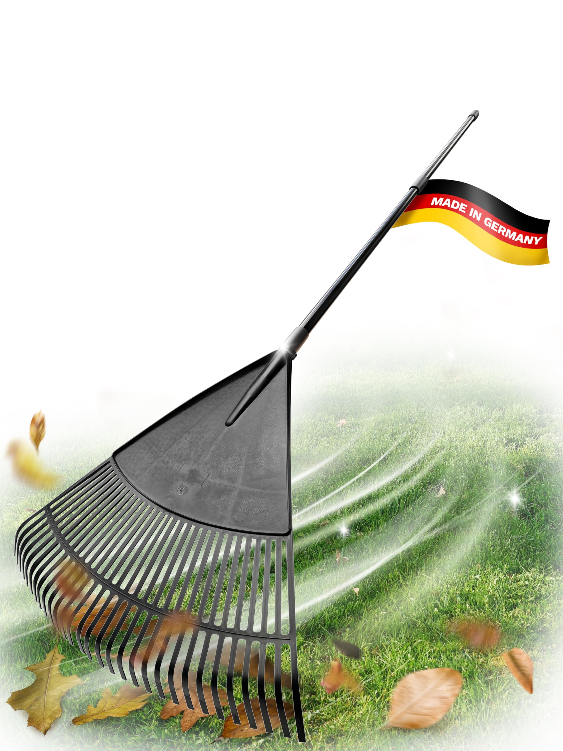 Novatool Laubbesen mit Teleskop-Stiel bis 152cm, Laubfeger mit 30 Kunststoff-Zinken, Rechen Arbeitsbreite 75cm, Laubrechen, Gartenbesen, Rasenrechen, Harke, Landschaftsbesen, Gartengerät Schwarz