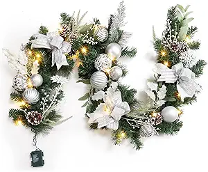 Fireplace Christmas Garland, 6 Ft Pre-Lit 20 Led Artificial Christmas Garland, Battery Operated Lighted Xmas Garland with Silver Balls, Pinecones for Front Door Holiday Decoration