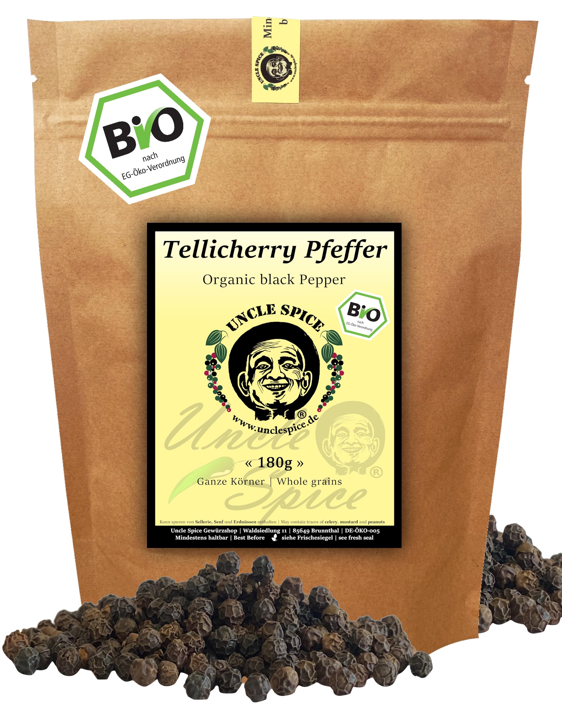 UNCLE SPICE® BIO Tellicherry Pfeffer - 180g schwarzer Pfeffer ganz - Jumbopfeffer - Hochland Bergpfeffer - Premium-BIO-Qualität - handverlesene ganze Körner für die Mühle, kräftige Schärfe, DE-ÖKO-005