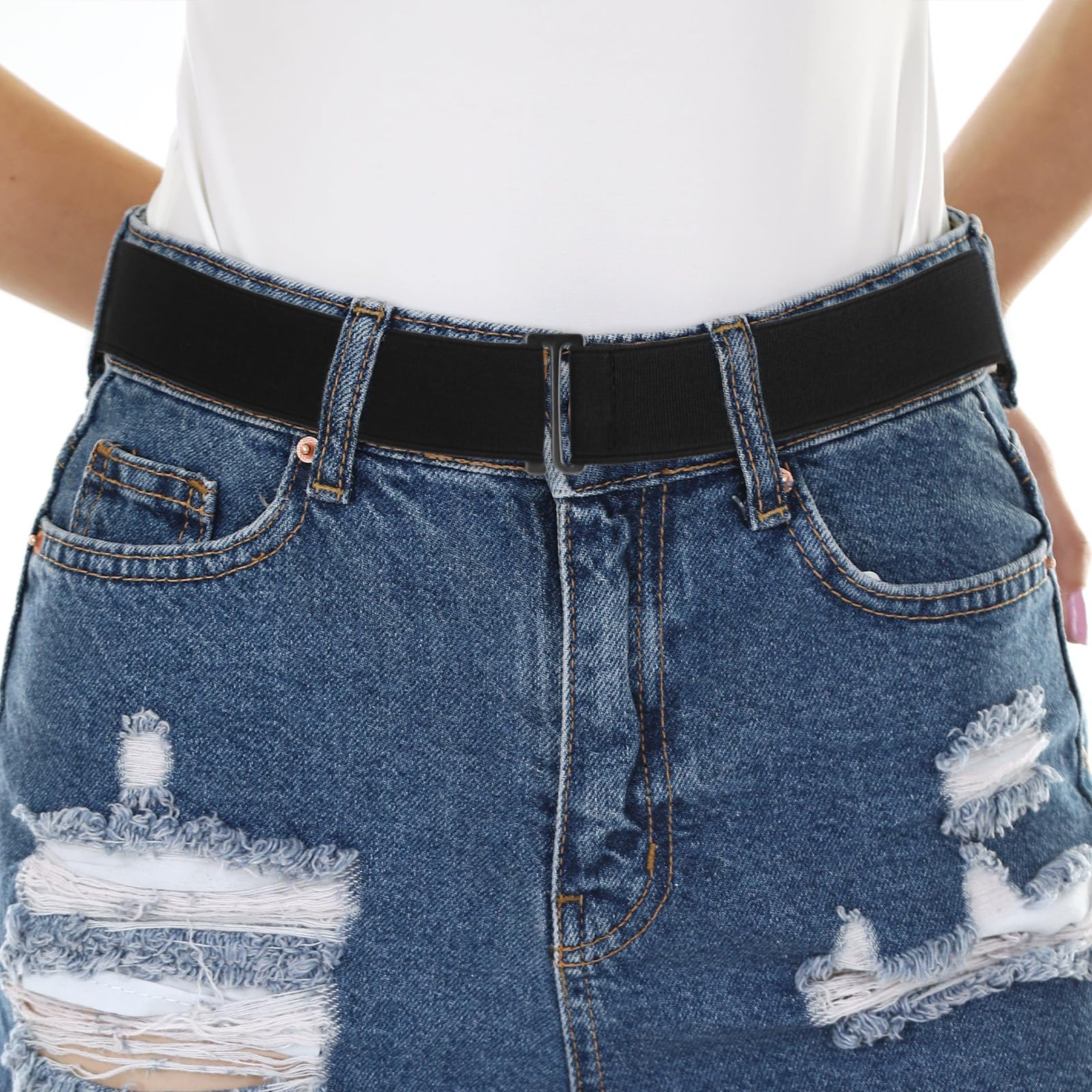 Invisible Stretch Belt, No Show Elastic Belt Adjustable Waist Web Strap Black Waist Belt with Flat Buckle for Women Jeans Pants Dresses-image-15