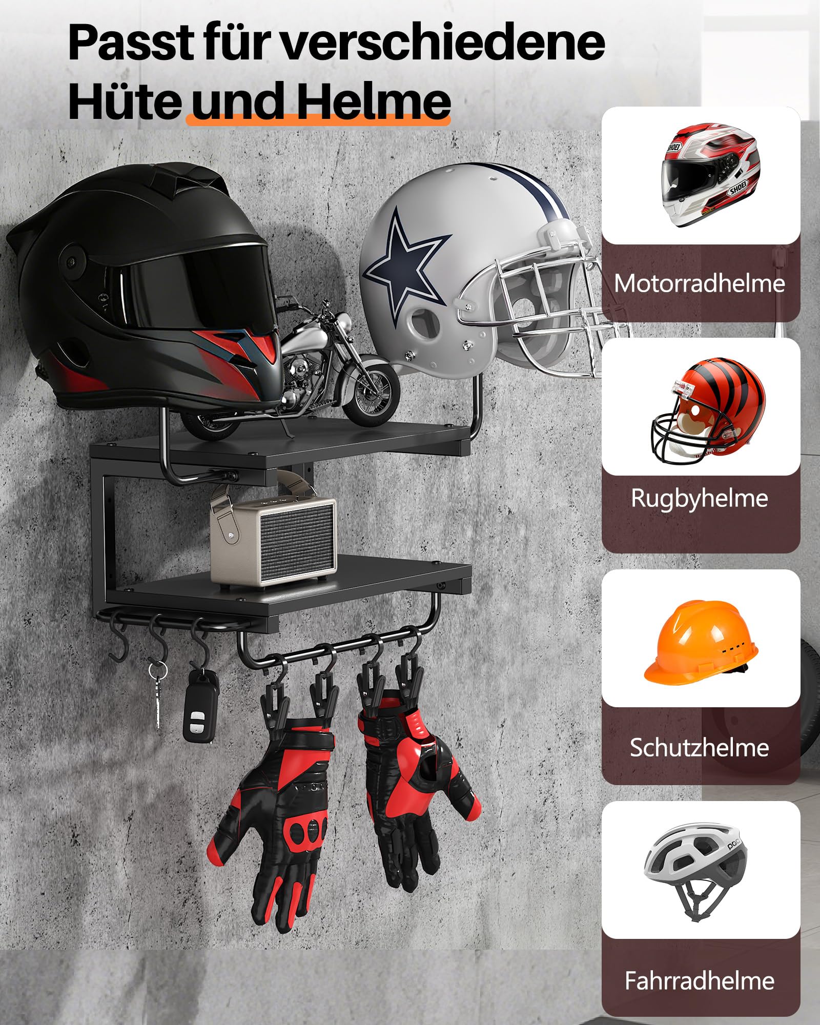 Motorradhelm Halterung Wand für 2 Helme, Motorrad Garderobe Wand mit Kleiderbügel und Haken, 30 kg Tragfähigkeit, geeignet für Fahrrad und Skihelme (Schwarz)