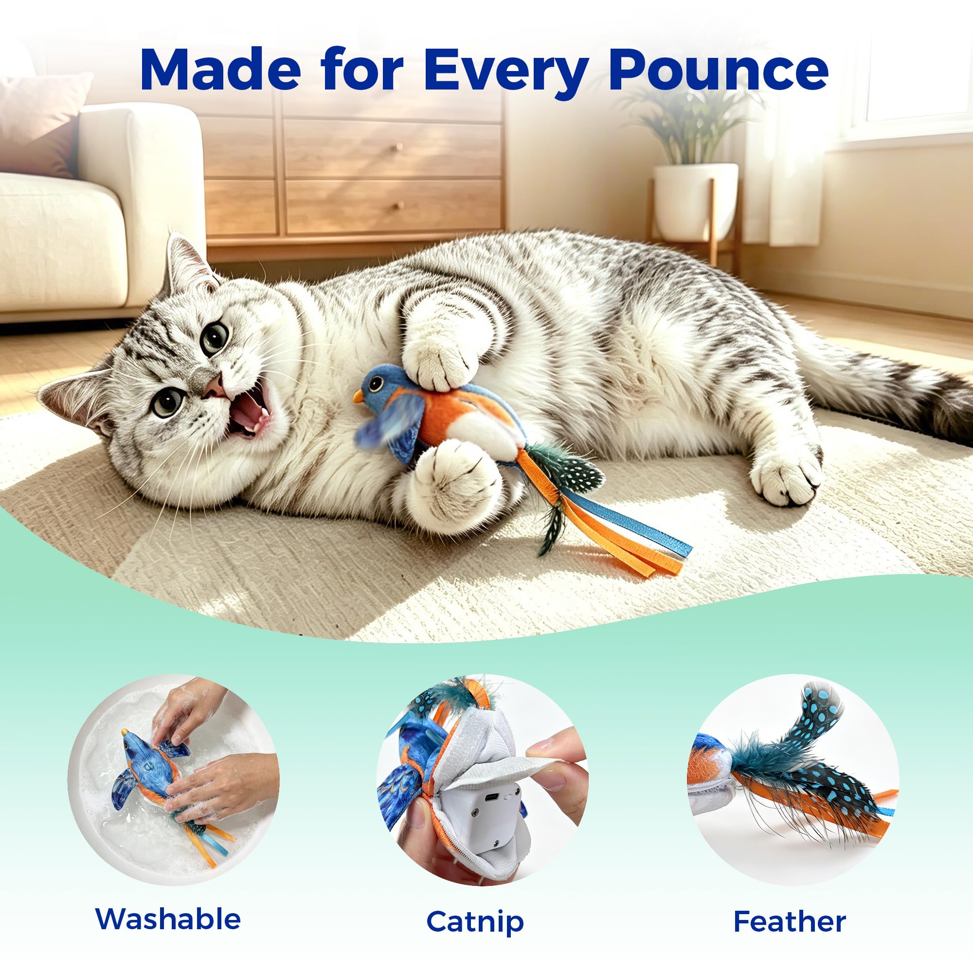 Jouet interactif pour chat d'intérieur – Jouet pour chat d'intérieur – Jouet pour chat – Activé par le toucher – Jouet rechargeable pour toutes les races – Avec 5 housses d'oiseaux et
