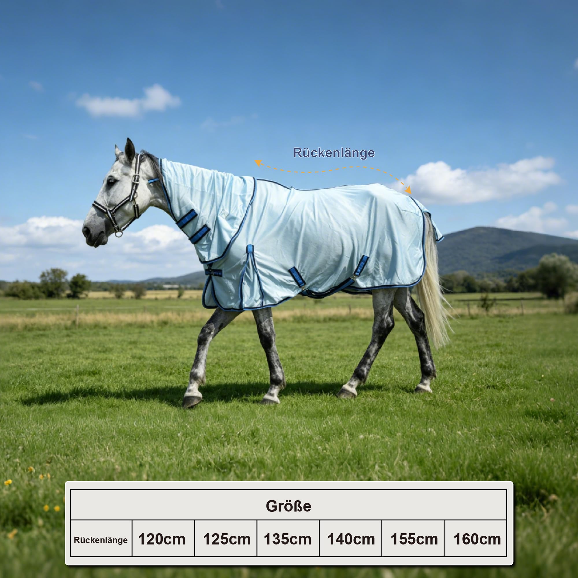 Manta antimoscas para caballo, transpirable, con cuello extraíble, color azul, 120 cm | Manta de verano ligera con correa cruzada ajustable, tejido de malla grande y gran comodidad para caballos sensibles
