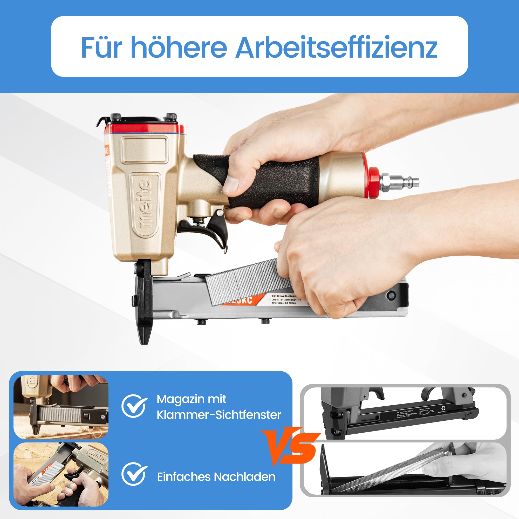 meite 425KC Drucklufttacker 18 GA, für Typ 90 Klammern, 5,7 mm Krone, Drucklufttacker mit Sicherheitsauslöser und Sichtmagazin, für Holzbearbeitung und Innenausbau
