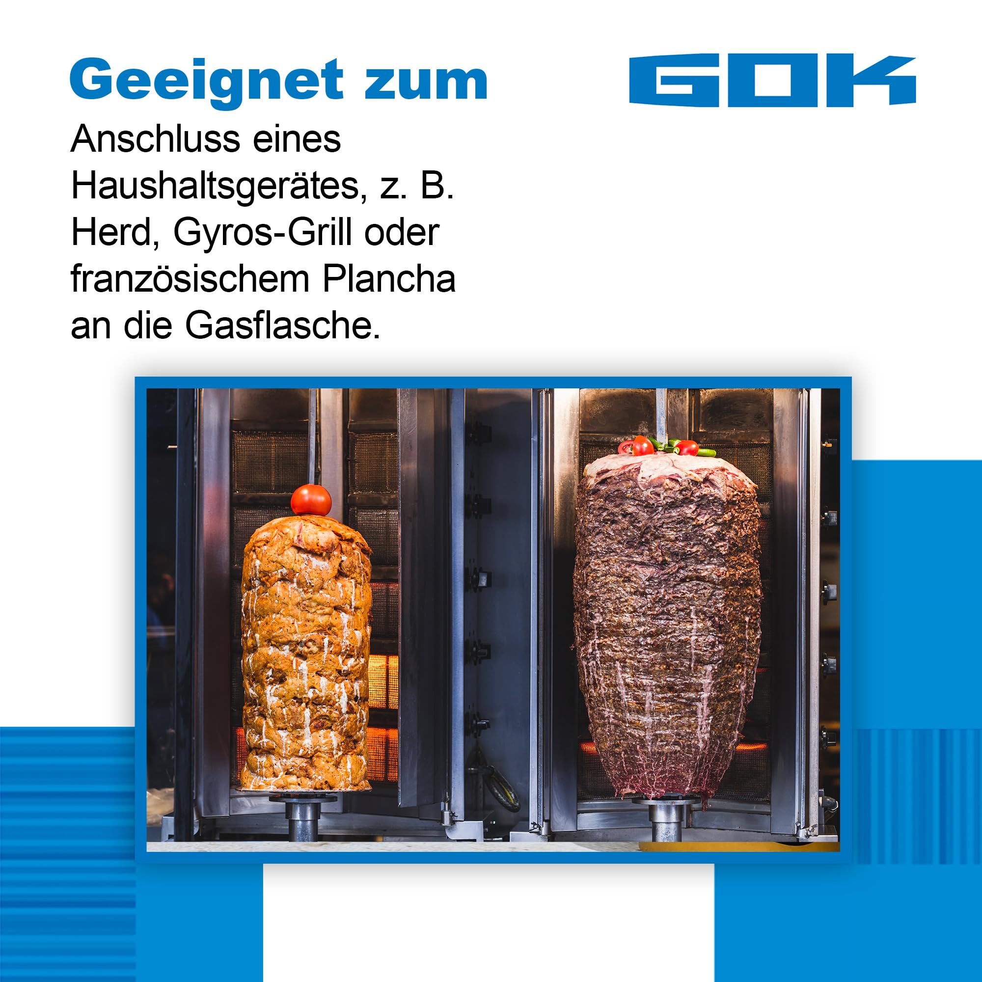 GOK Anschlussset Pro, Set aus Gasdruckminderer, Gasanschlussschlauch 1m und Abdichtungsband, für den direkten Anschluss von Geräten an die Gasflasche, Betriebsdruck:50 mbar