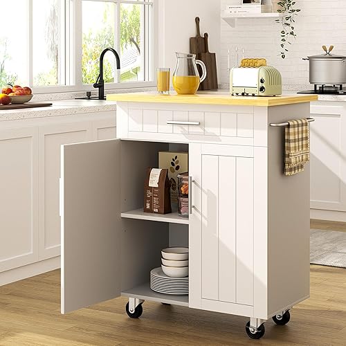 SUNLEI Kitchen Island on Wheels with Storage Cabinet & Drawer, 26" Width Rolling Kitchen Table, Cart Handle for Towel Rack or Free Mobility, Portable Islands for Kitchen, Dining Room(White)