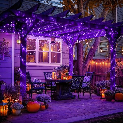 Miniatura 4 de JMEXSUSS 600 luces LED solares moradas de Halloween, 206.7 pies, luces solares de Navidad impermeables para exteriores, 8 modos de luces moradas
