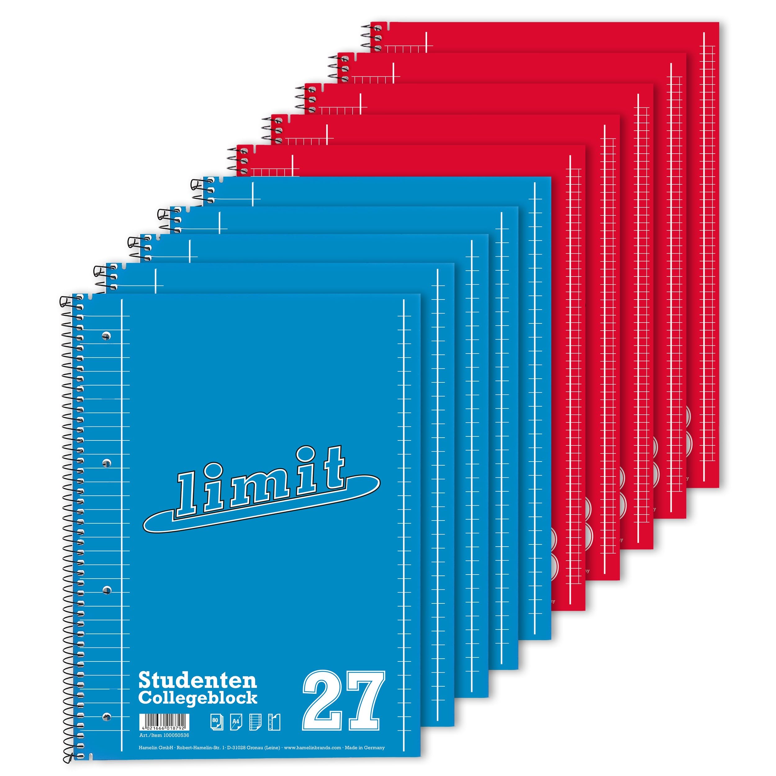 Limit College Notepad A4 80 Sheets, 5 Squares and 5 Ruled with Margin, Pack of 10 - Ideal for Students, Students and Office