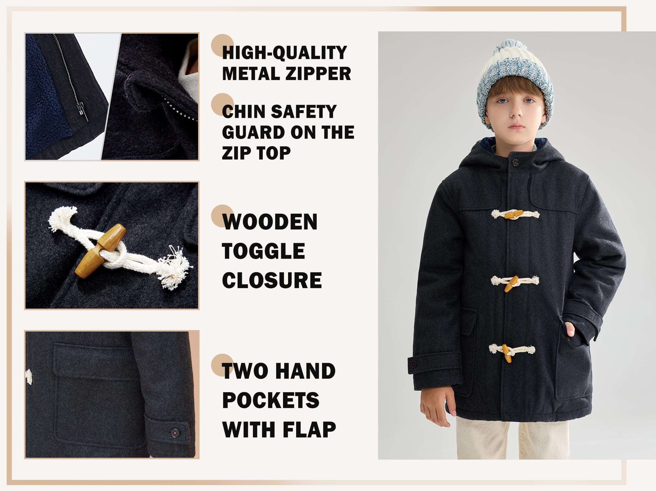 maoo garden Jungen Wollmantel Kinder Winter Schwere Sherpa gefütterte Dufflejacke Kapuzen Trenchcoat