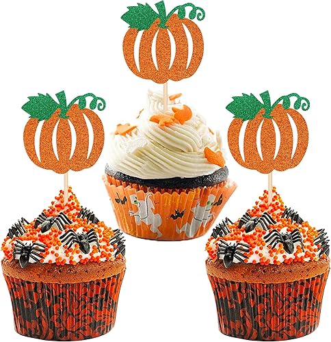 30 piezas de adornos de calabaza para cupcakes con purpurina temática de otoño para cosecha temática de calabaza, baby shower, niños, cumpleaños,